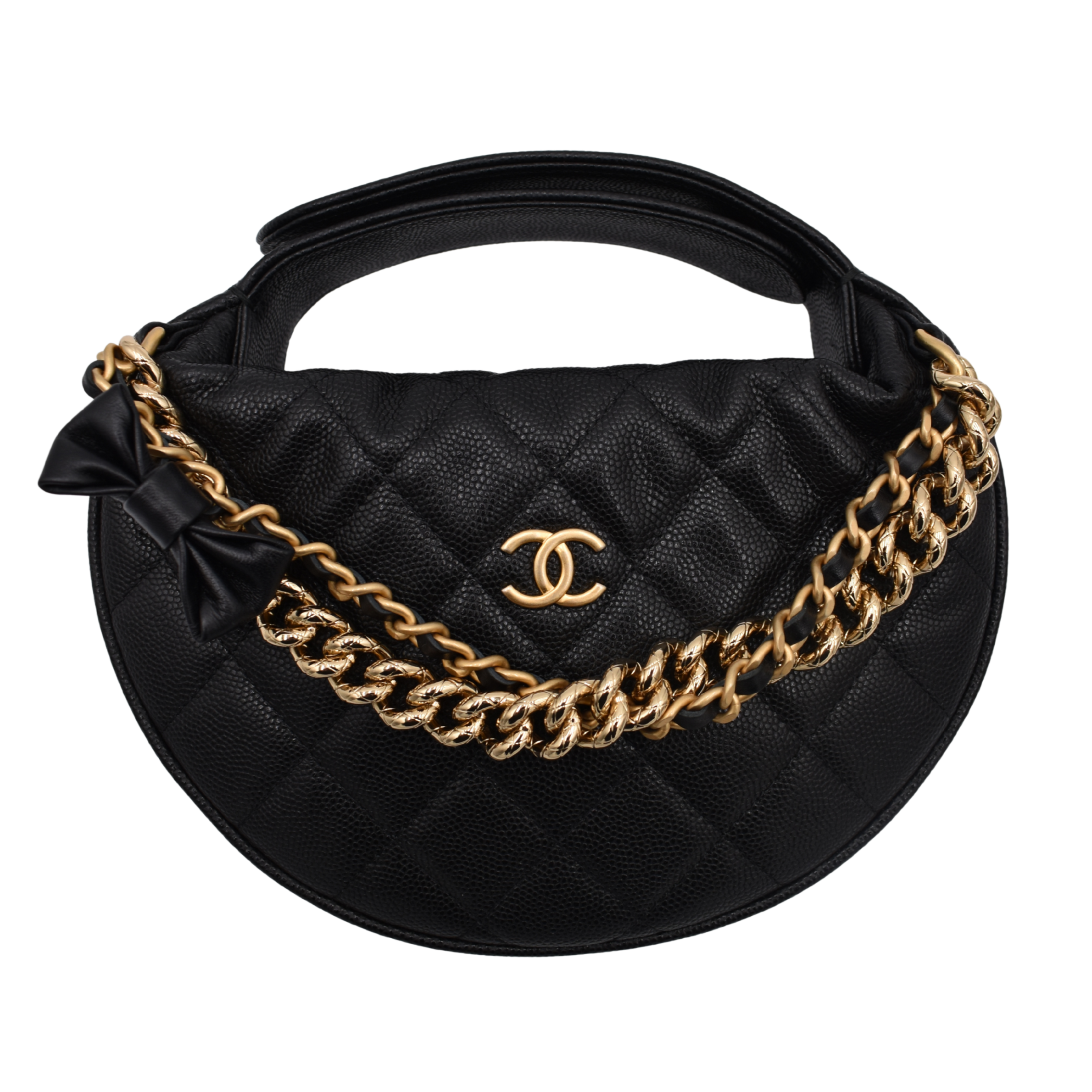 Double Chain Bow Black Quilted Caviar Mini Hobo
