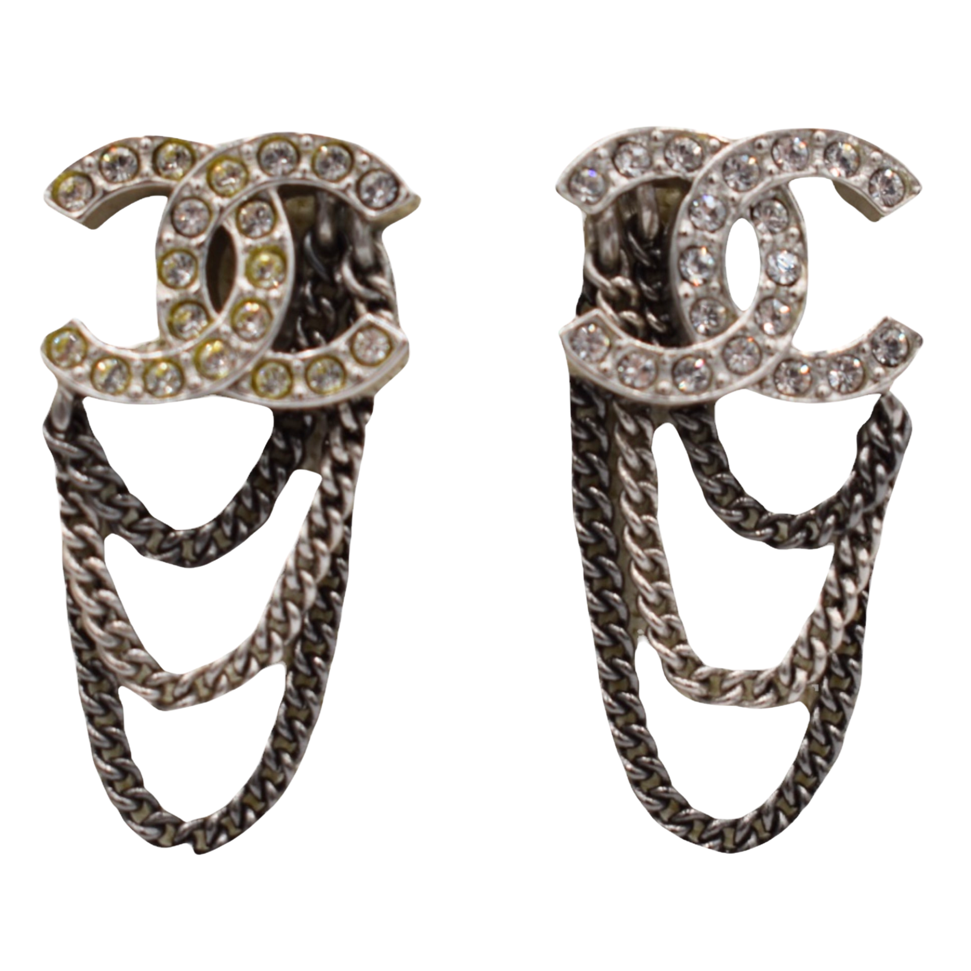 Silver CC Crystal Chain Dangle Earrings