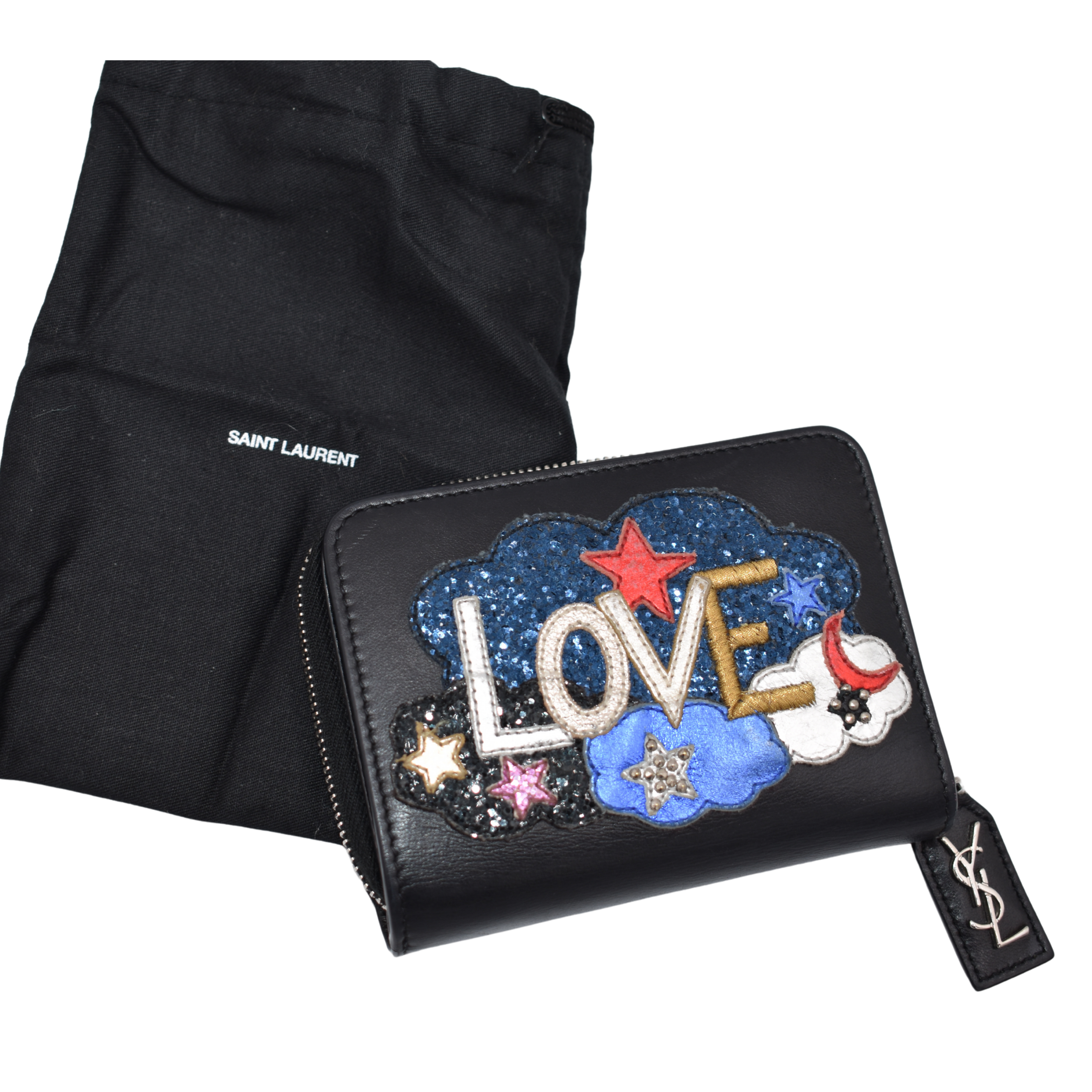 Black Leather Love Patched Zip Wallet