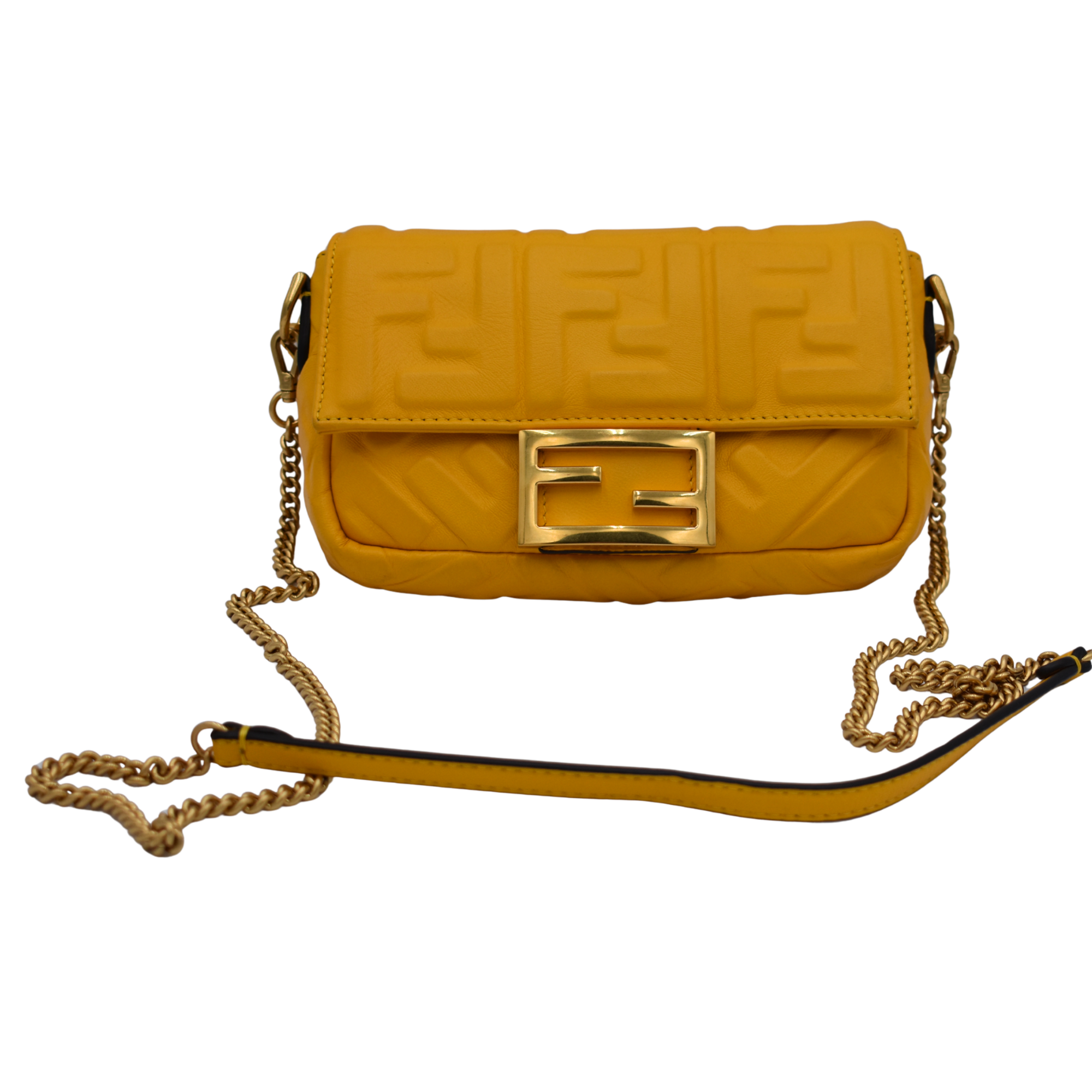 Mini Baguette Yellow FF Embossed Nappa Leather