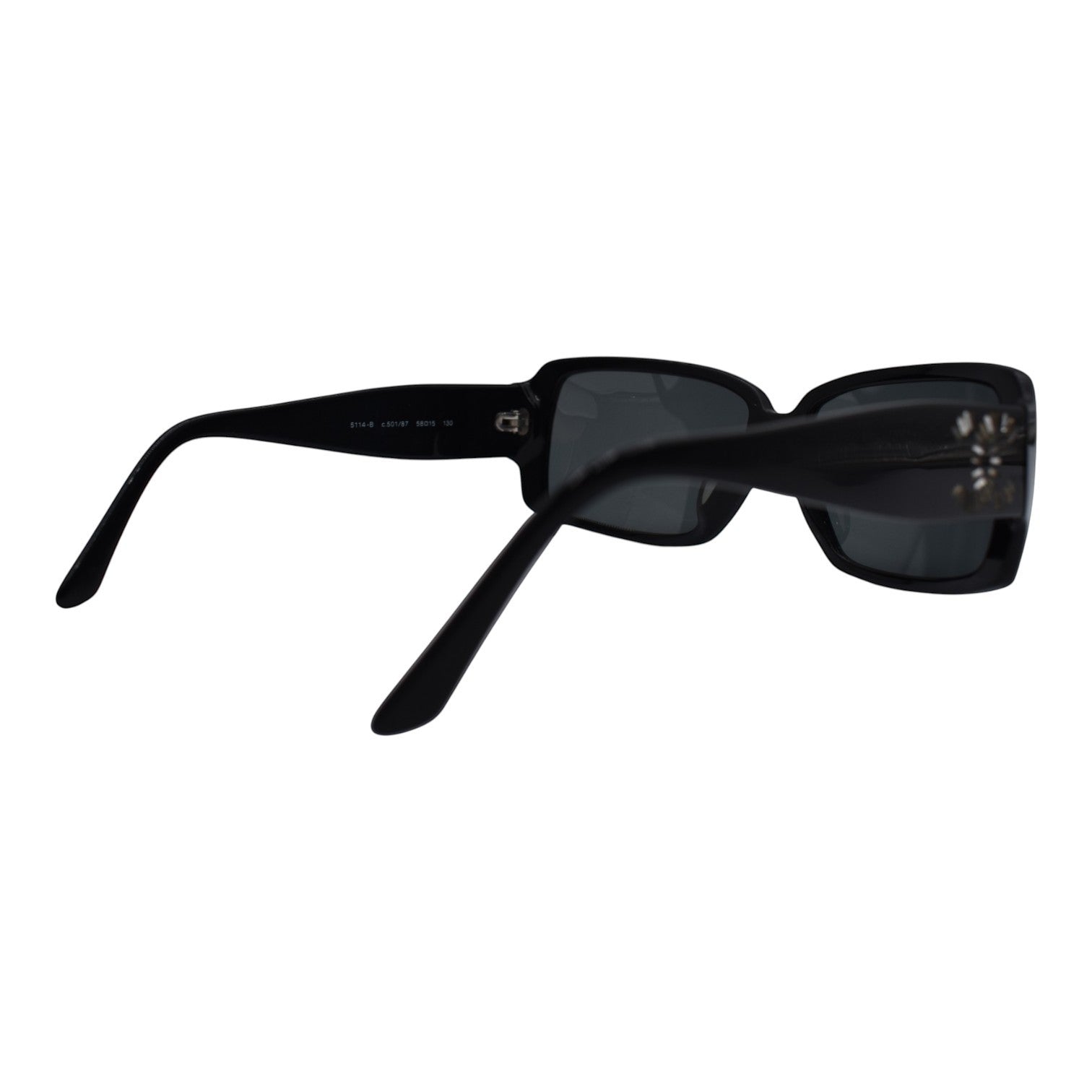 Soldi black baguette sunglasses with crystal logo detail on the side and dark lenses.