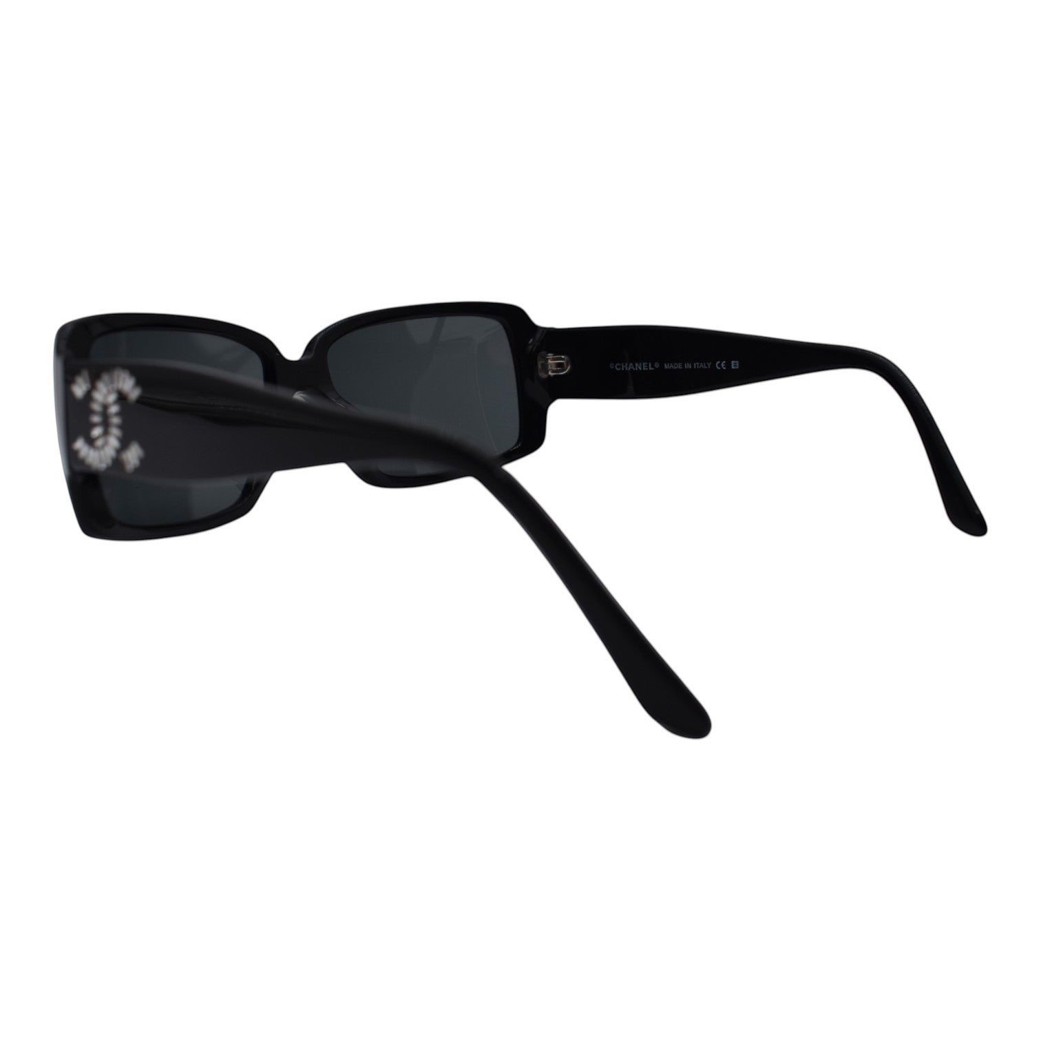 Soldi black baguette crystal logo sunglasses with rectangular lenses and embellished temples.