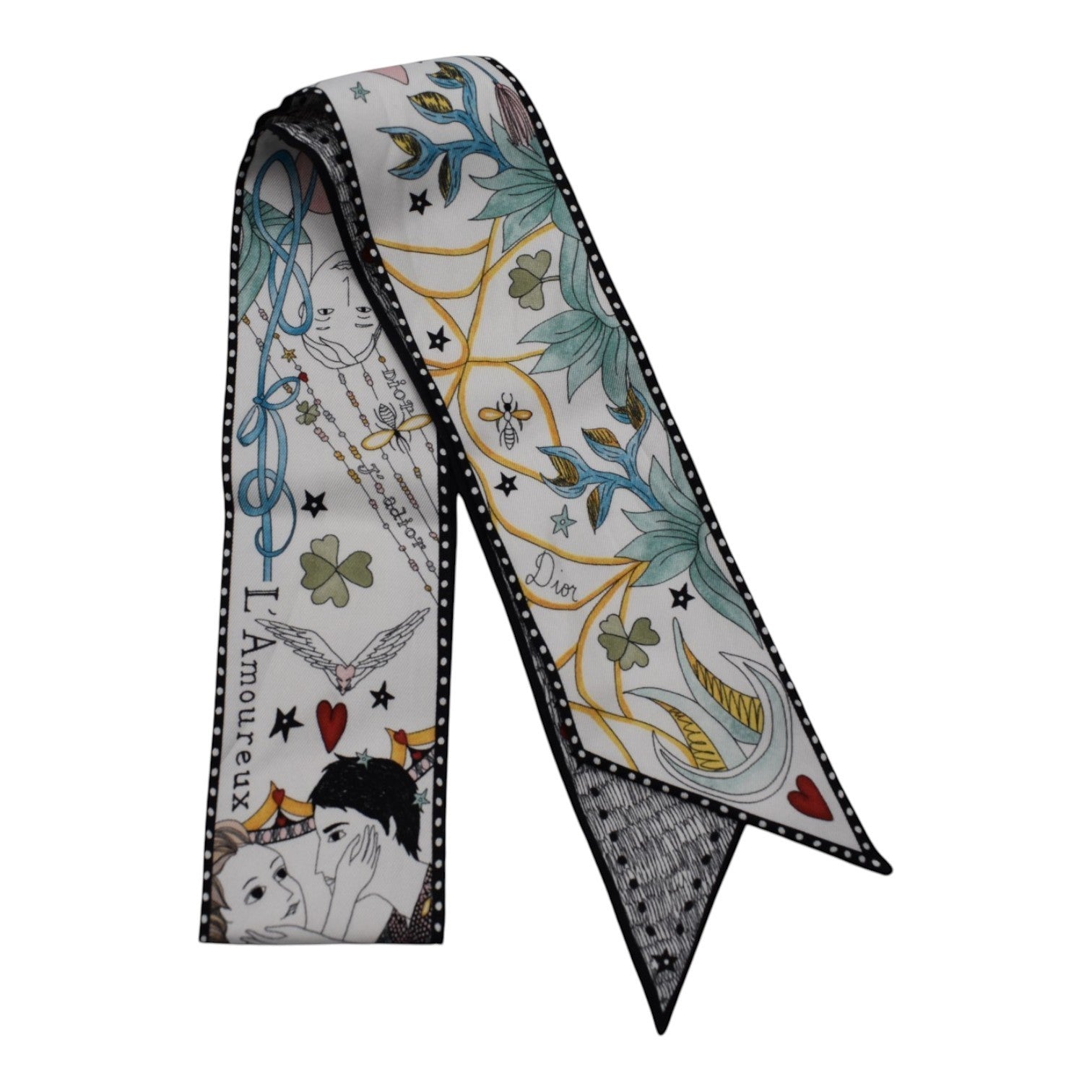 Soldi black and white twilly scarf with floral, bee, and couple illustrations. Features "L'Amoureux" text.