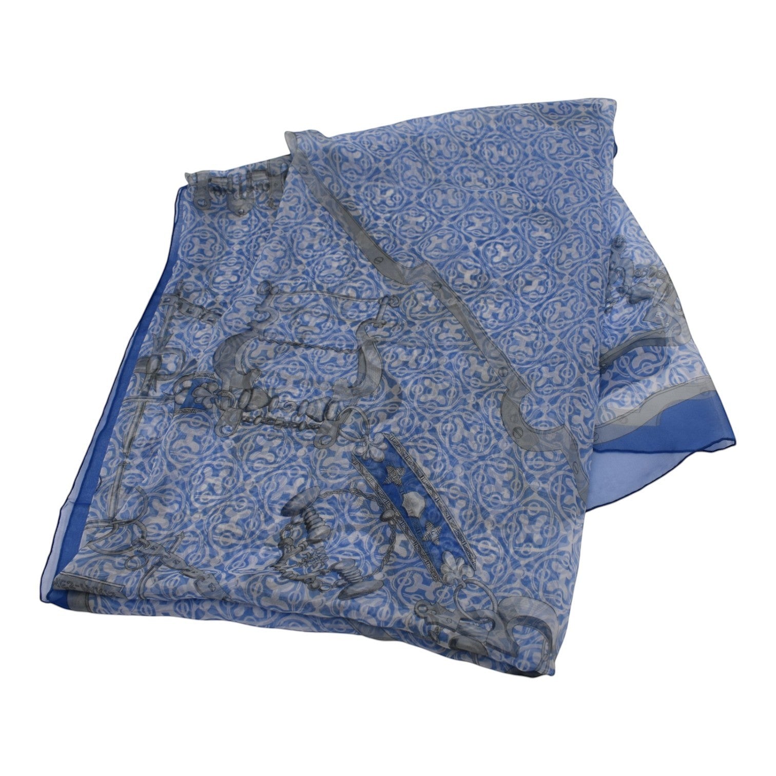 Soldi blue chiffon scarf with a grey ornate pattern and a border detail.