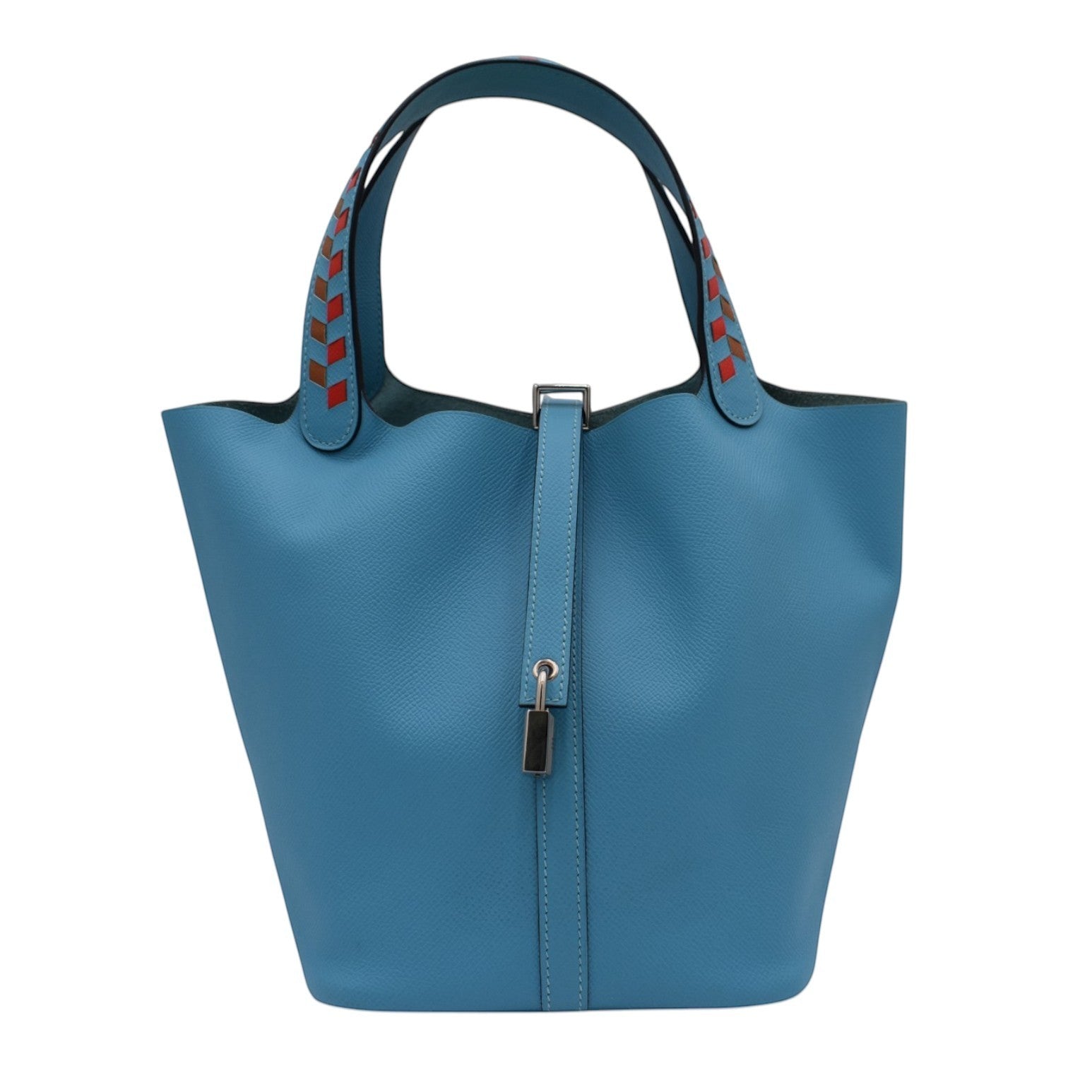 Soldi blue leather bucket bag with braided red and orange handles and a silver padlock closure.
