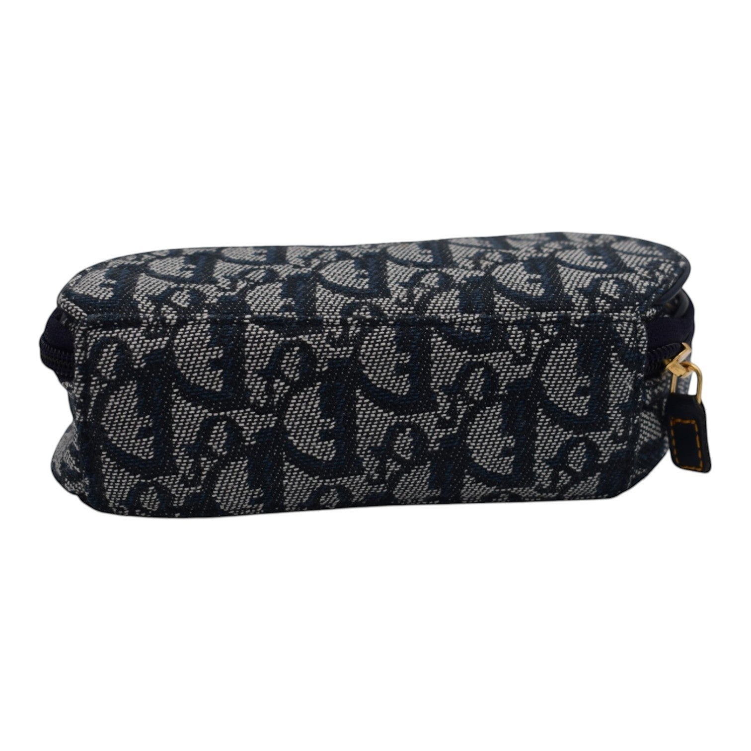 Soldi blue oblique pattern saddle pouch with gold zipper detail.