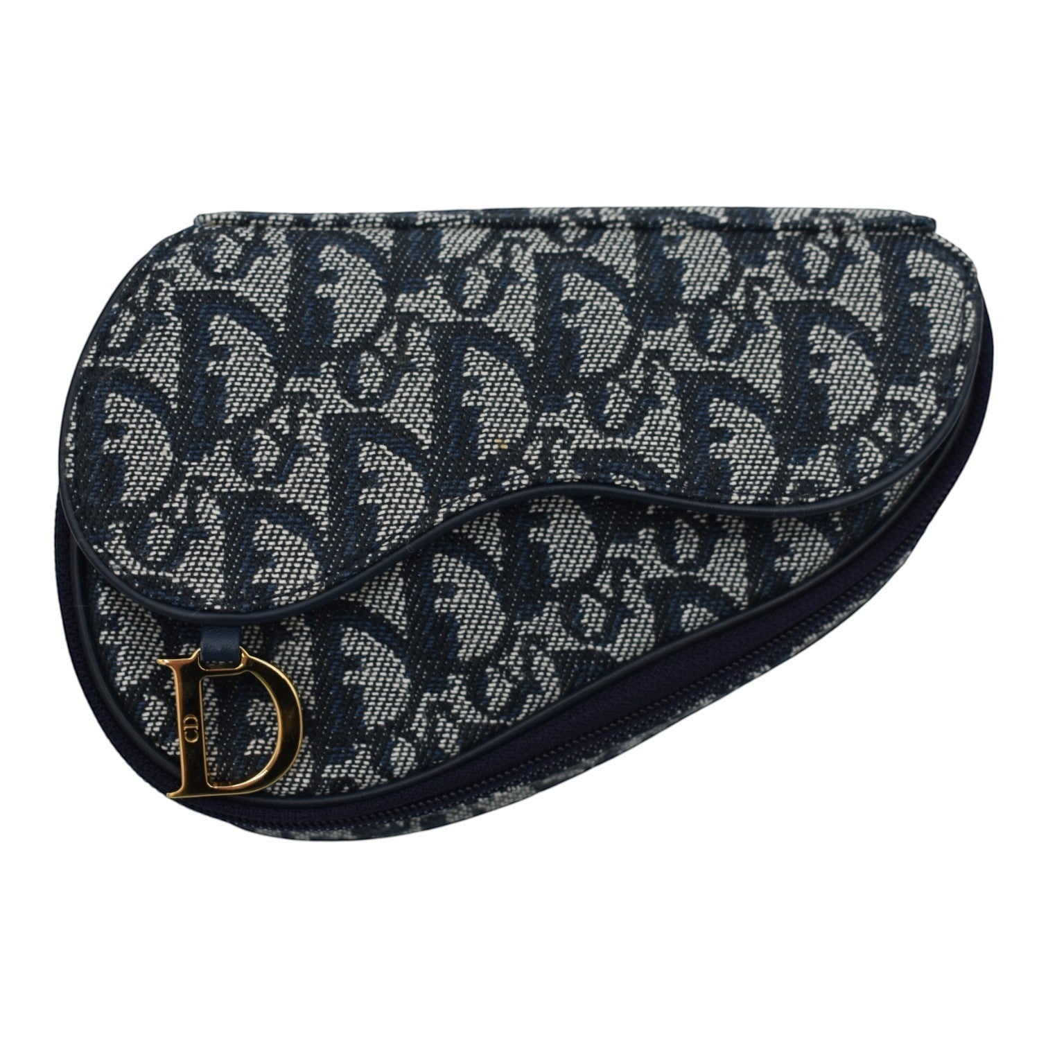 Soldi blue oblique monogram saddle pouch with gold D charm and zip closure.