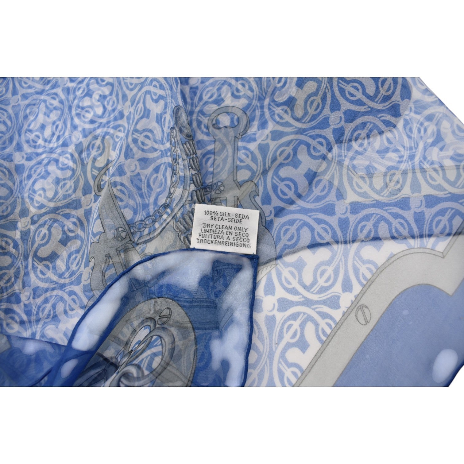 Soldi blue 100% silk chiffon scarf with an anchor and chain pattern. Dry clean only.