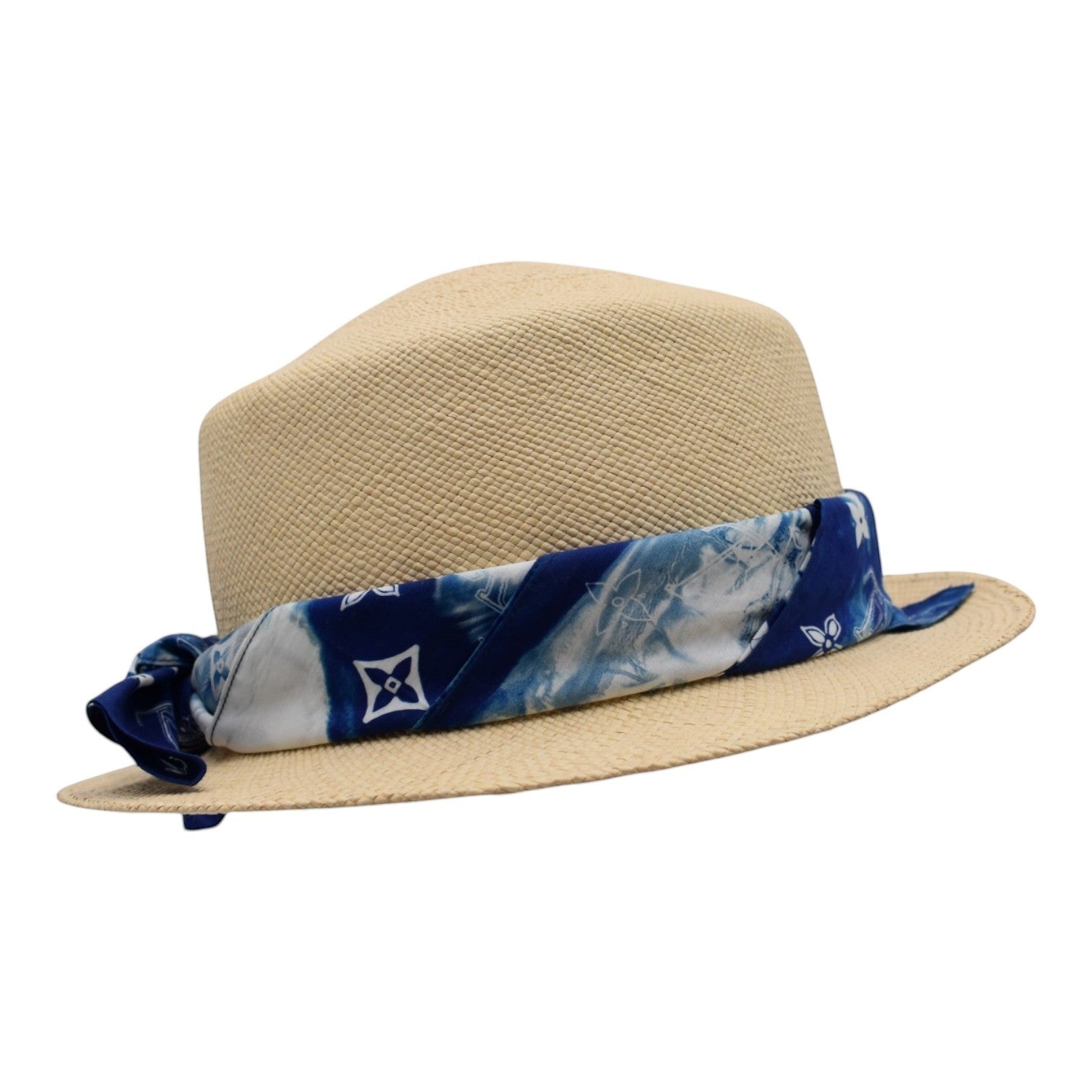 Soldi straw fedora hat with blue tie-dye bandana featuring white LV logo pattern.