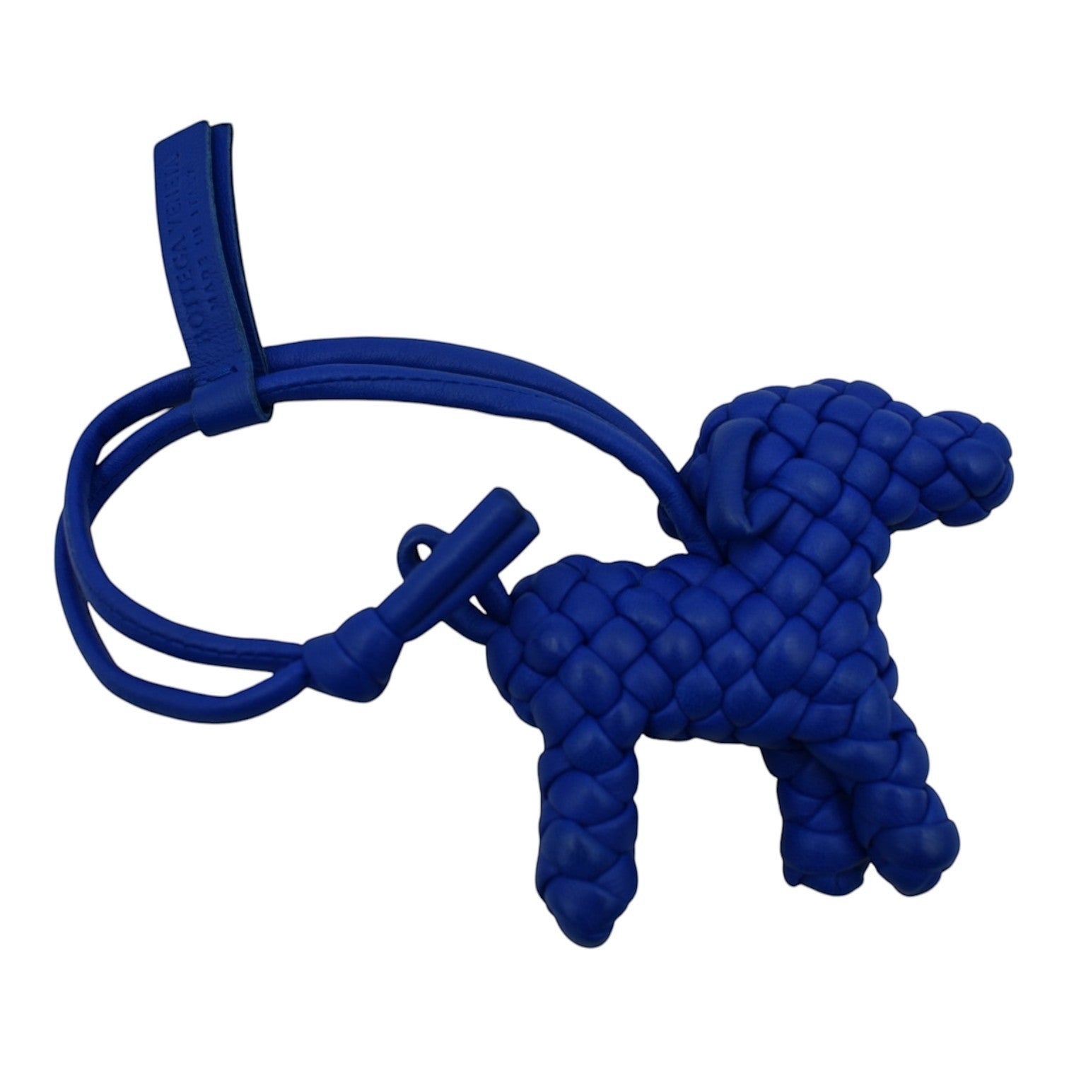 Soldi blue woven leather dog bag charm with braided detail and strap.