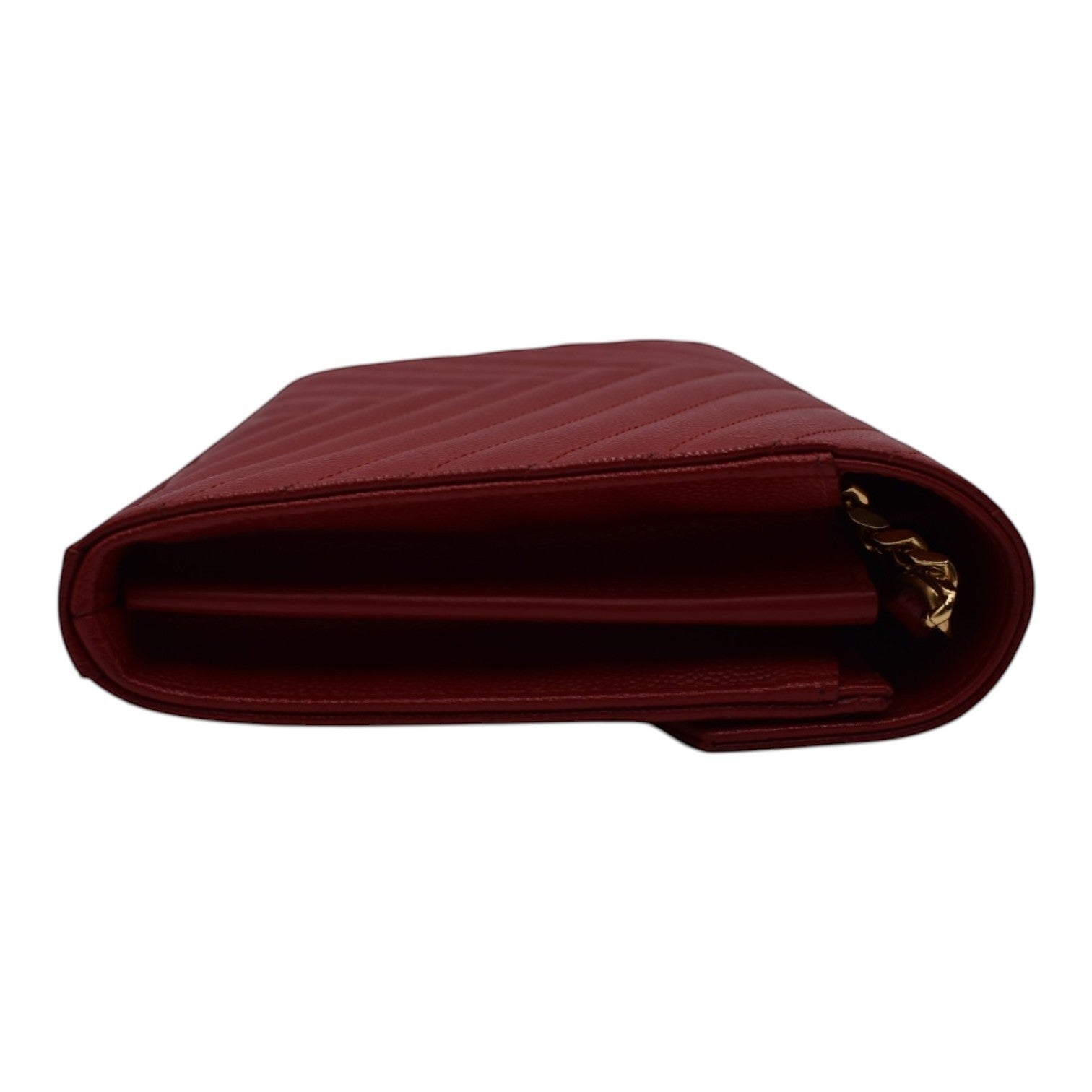 Soldi Cassandre Chevron Wallet on Chain in red leather with chevron quilting and gold chain strap.