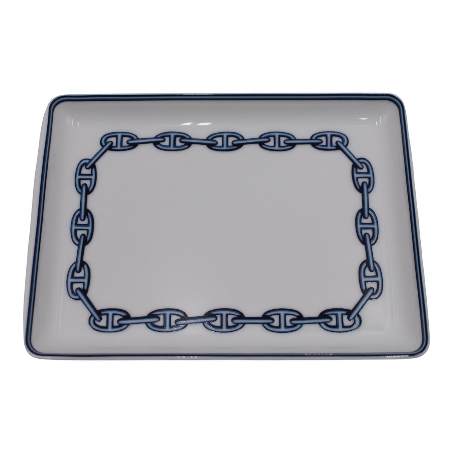 Soldi Chaine D'Ancre rectangular porcelain ashtray with blue chain border and trim.