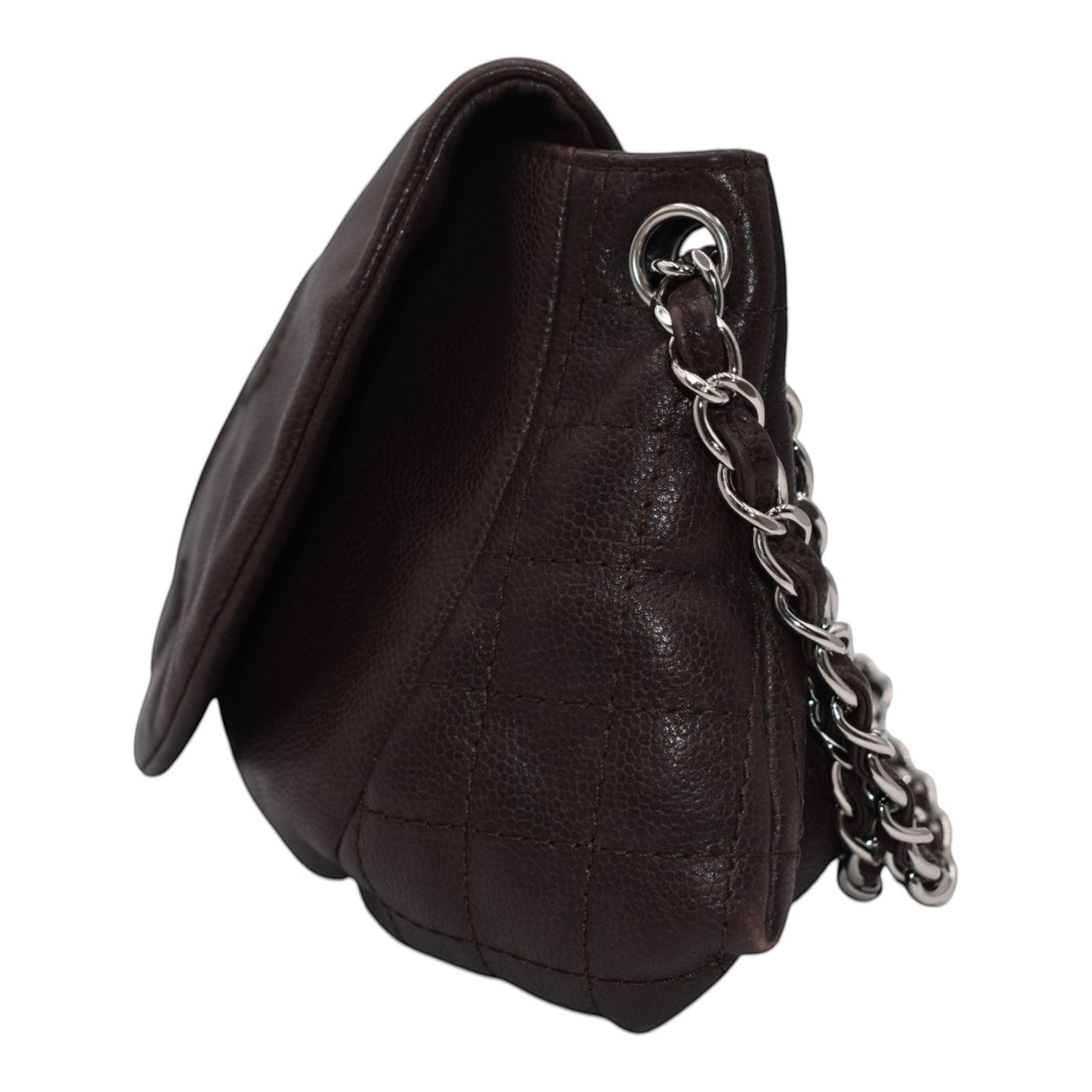 Soldi Chanel brown quilted leather half moon flap bag with silver chain strap