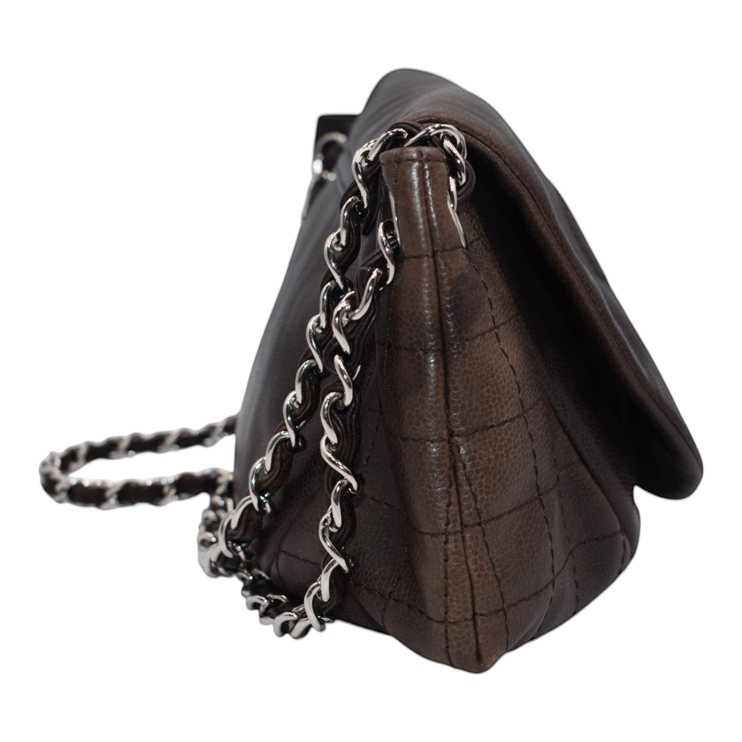 Soldi Chanel brown quilted leather half moon flap bag with silver chain strap