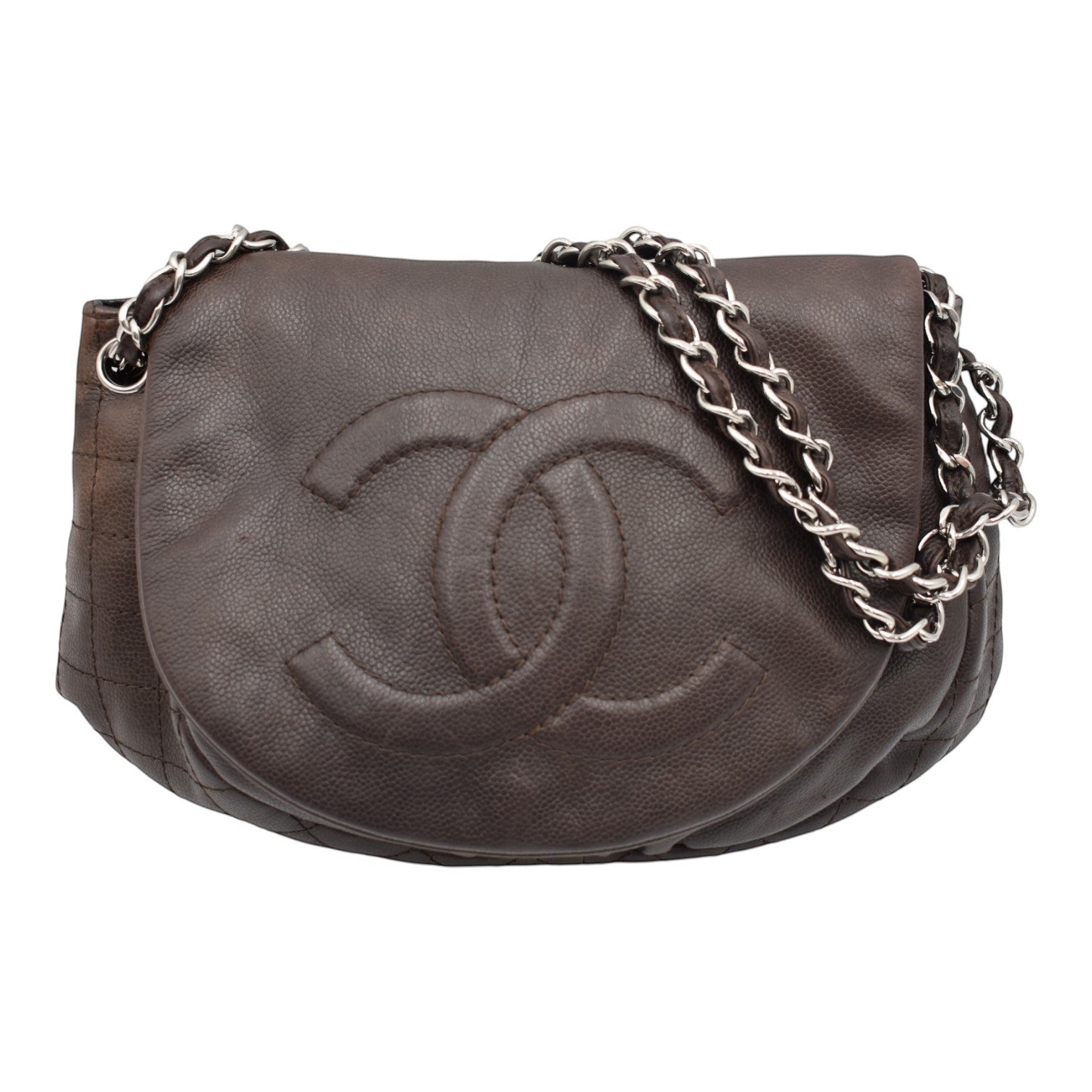Soldi Chanel brown leather half moon flap bag with quilted stitching and silver chain strap.