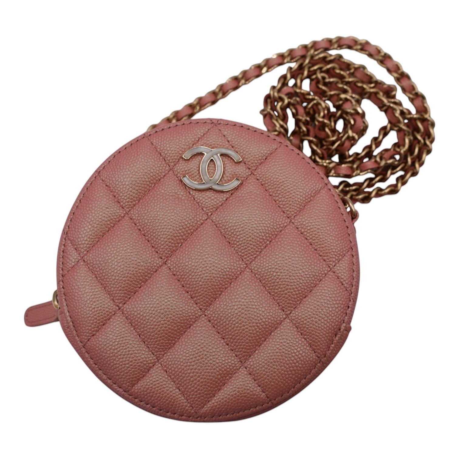 Soldi Chanel pink caviar leather quilted circle mini vanity bag with CC logo and chain strap