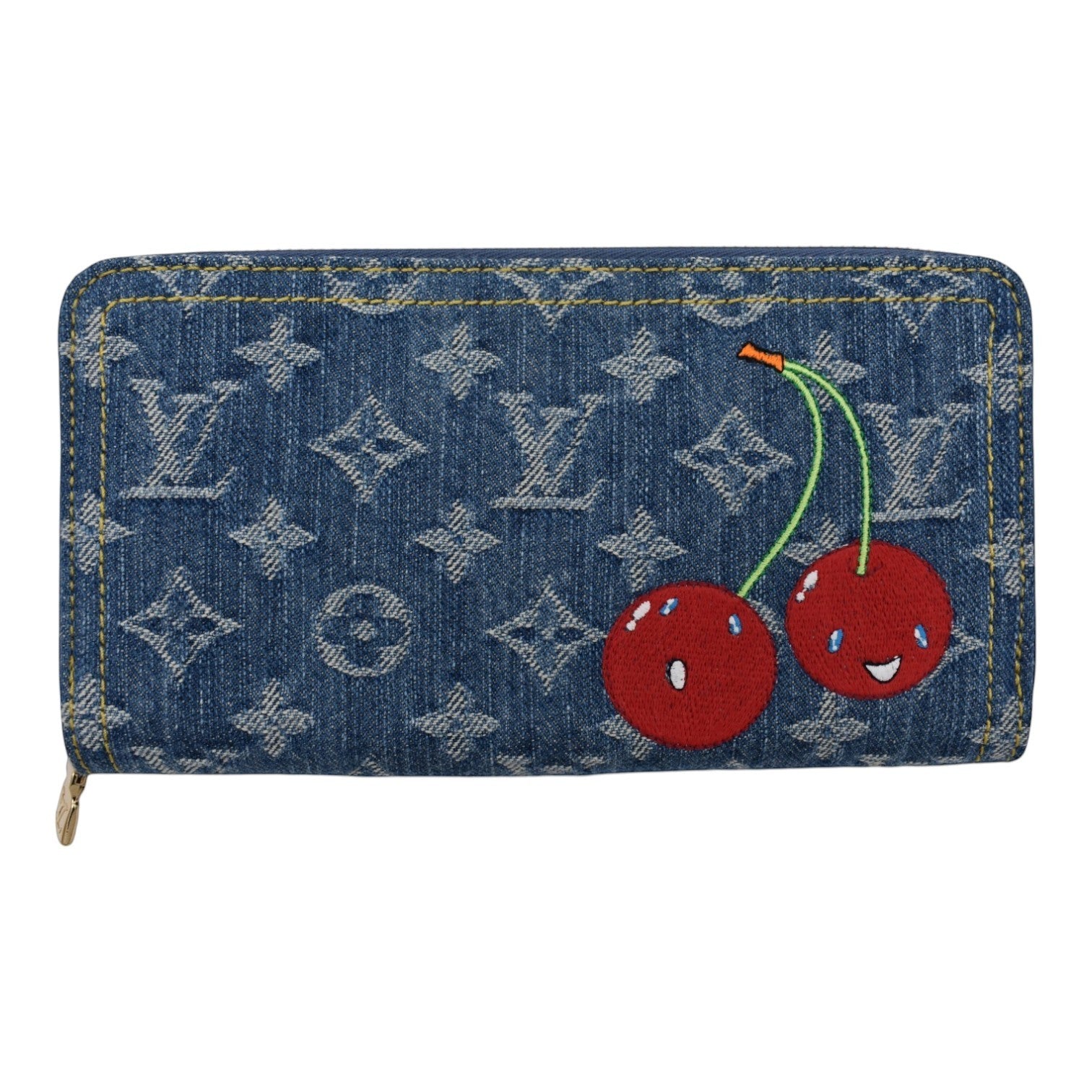 Soldi blue denim zippy wallet with embroidered cherry motif and all-over monogram pattern.