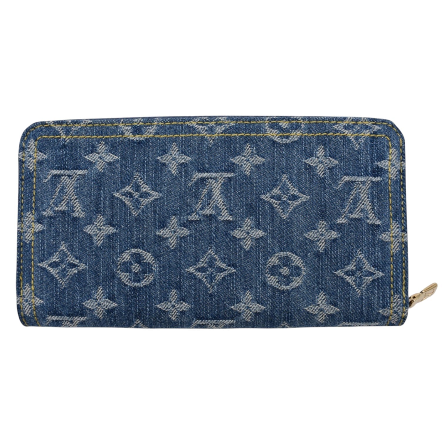 Soldi blue denim zip-around wallet with all-over monogram pattern and yellow stitching.