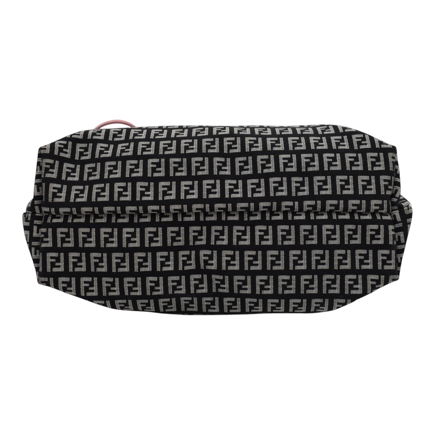 Soldi Fendi Zucchino canvas roll tote bag in black with all-over FF logo pattern and pink trim.
