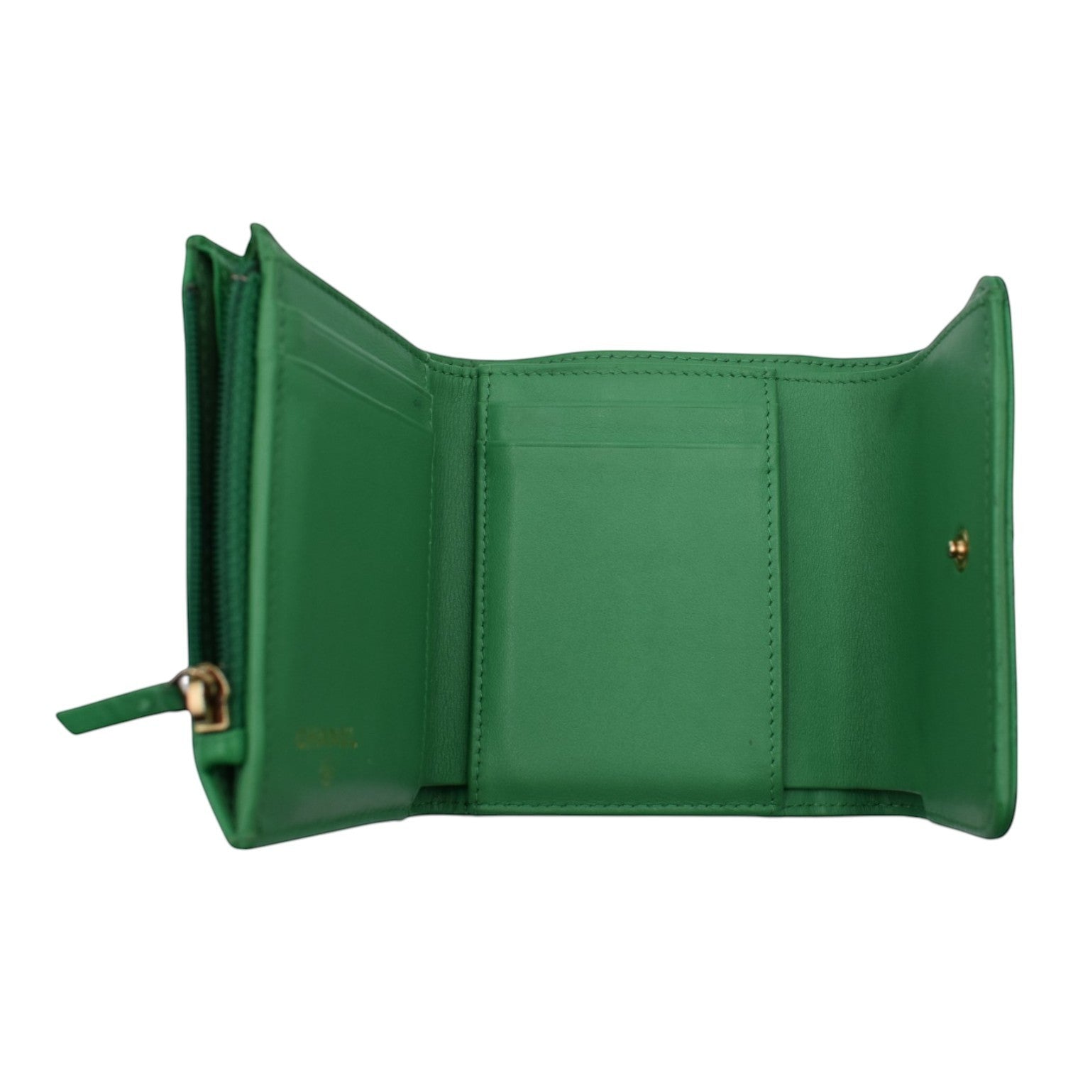 Soldi green compact C19 wallet with gold hardware and multiple card slots.