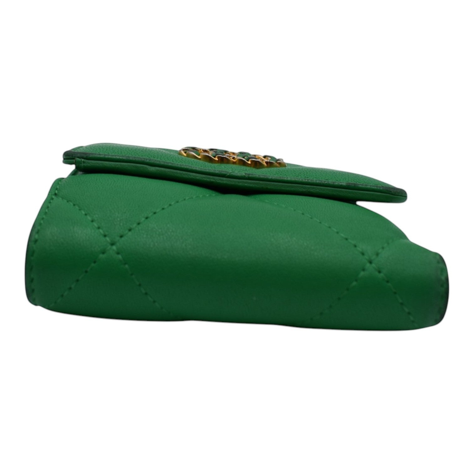 Soldi green compact wallet with quilted stitching and gold chain detail.
