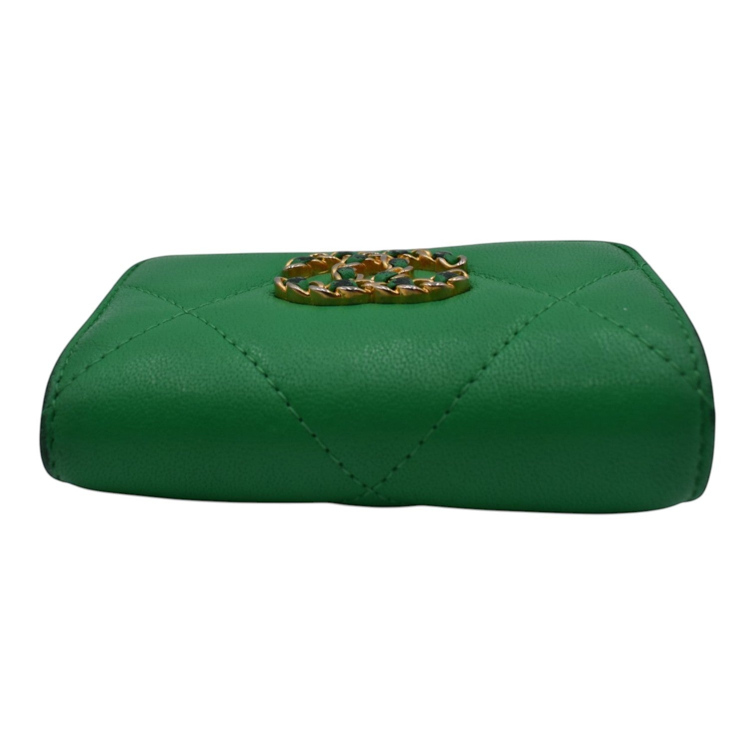 Soldi green quilted compact wallet with gold CC logo detail