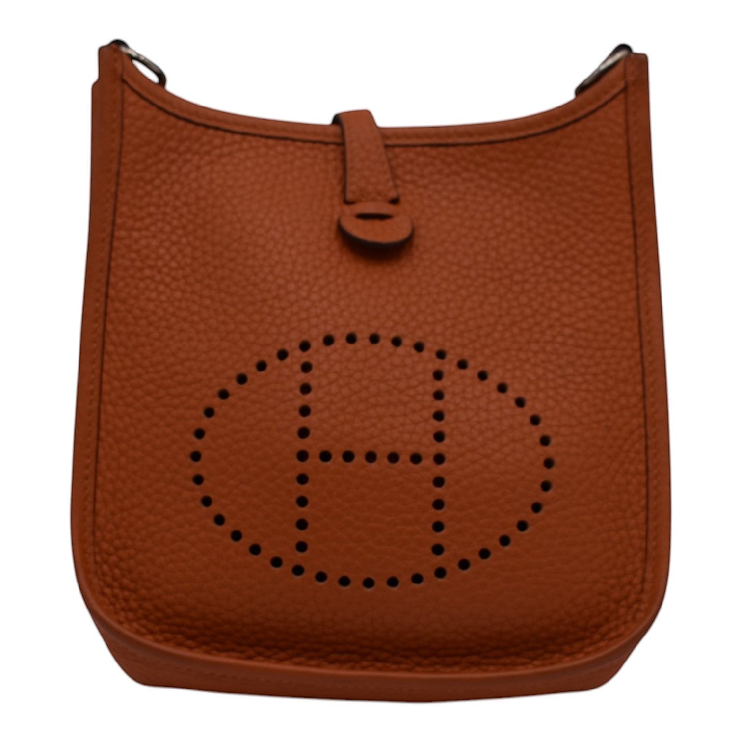 Soldi Hermes Mini Evelyn orange pebbled leather crossbody bag with perforated H logo and red strap.