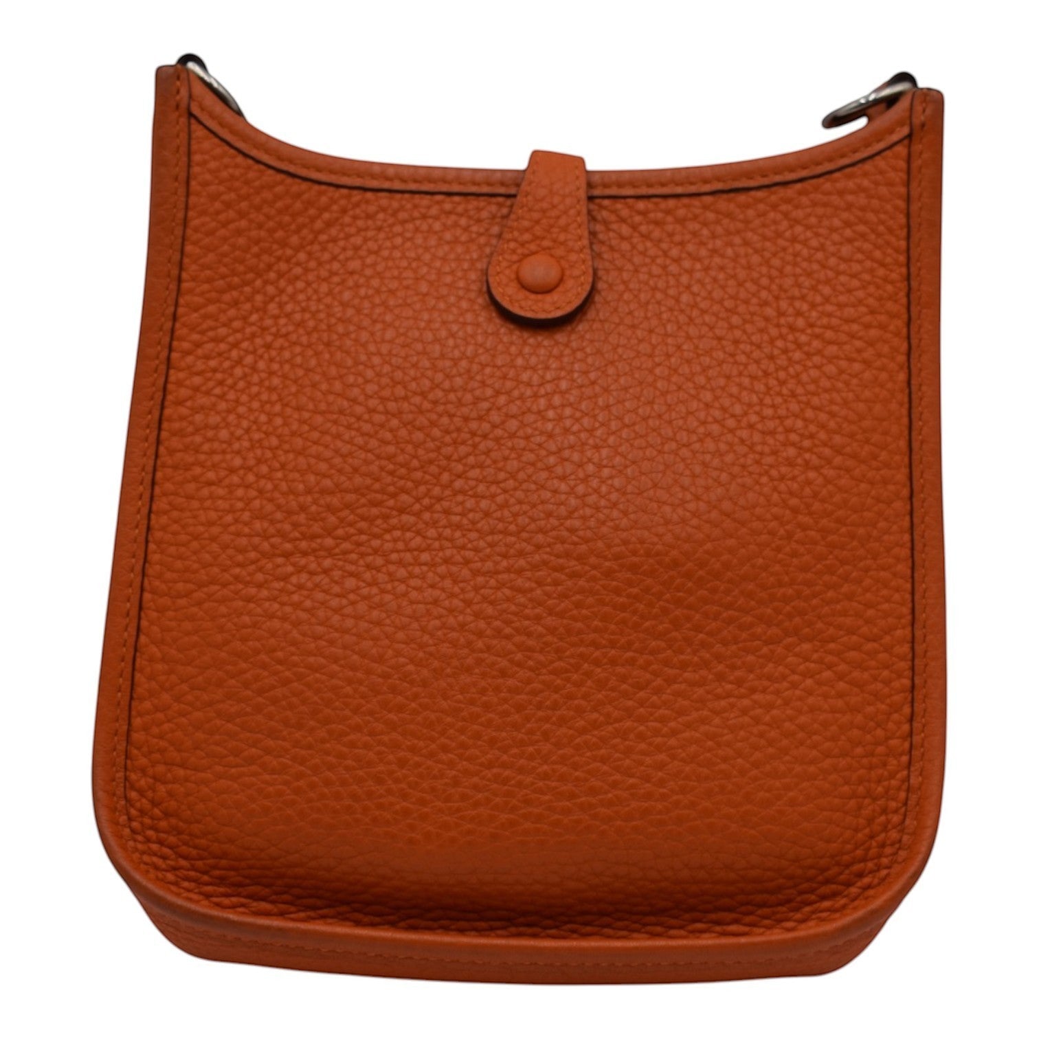 Soldi Hermes Mini Evelyn orange pebbled leather crossbody bag with red strap and button closure