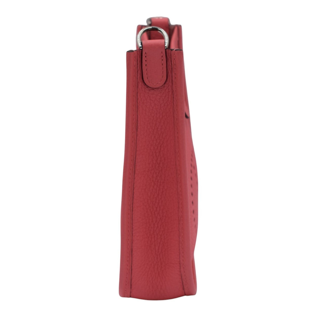 Soldi Hermes Mini Evelyn pink leather crossbody bag with red strap and silver hardware.