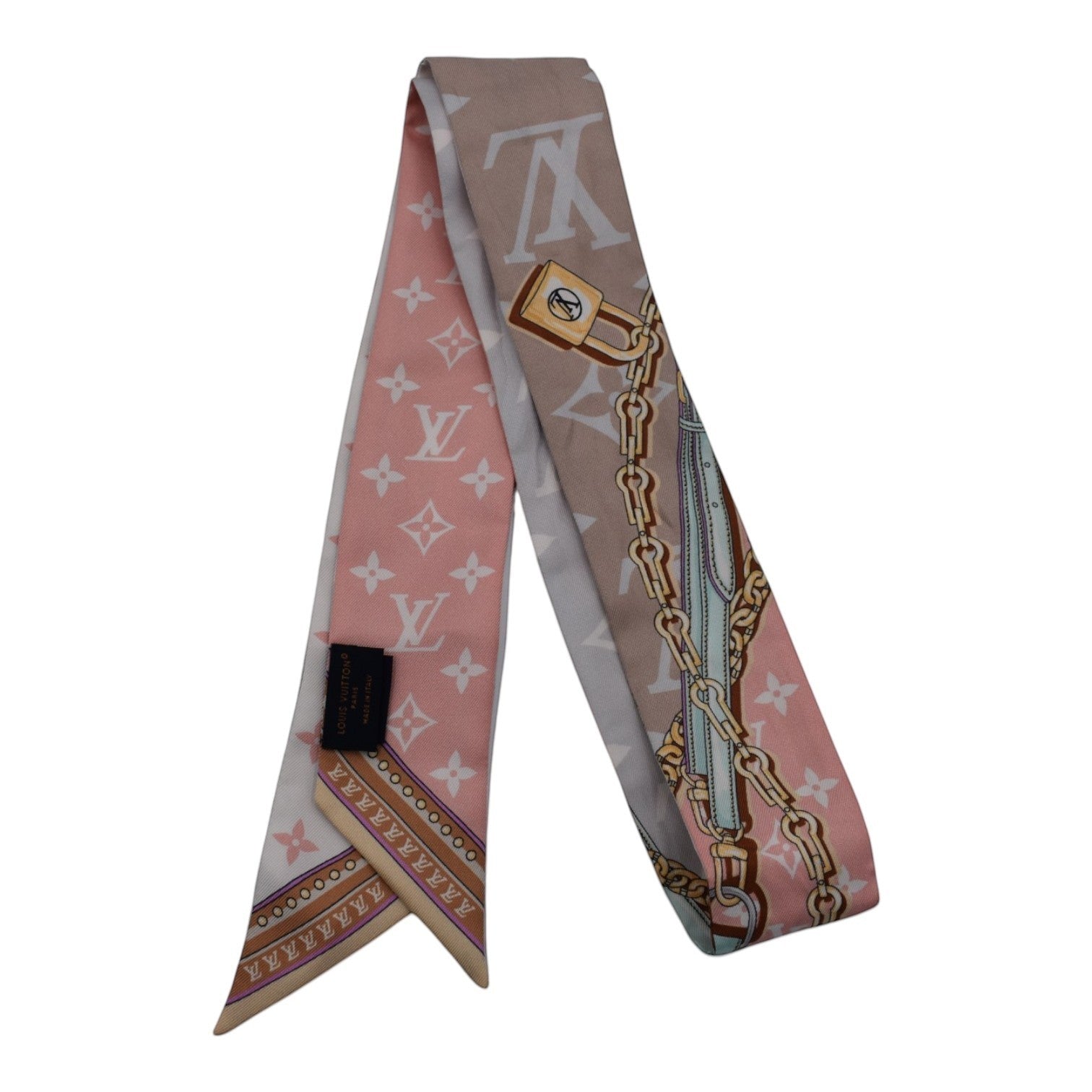 Soldi light pink twilly scarf with LV monogram pattern and chain detail.