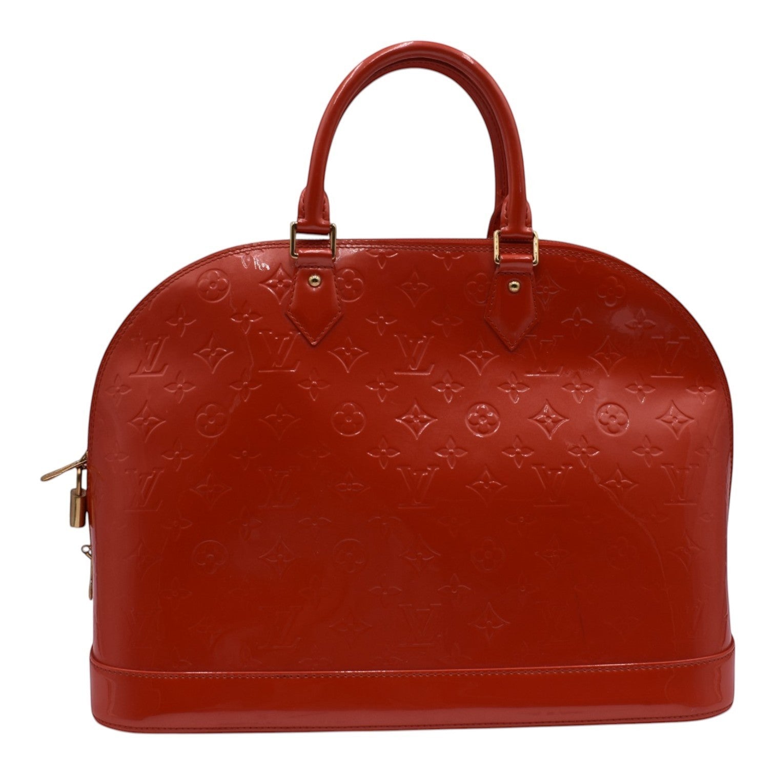 Soldi Louis Vuitton Alma GM Vernis red patent leather handbag with embossed monogram pattern and gold hardware.