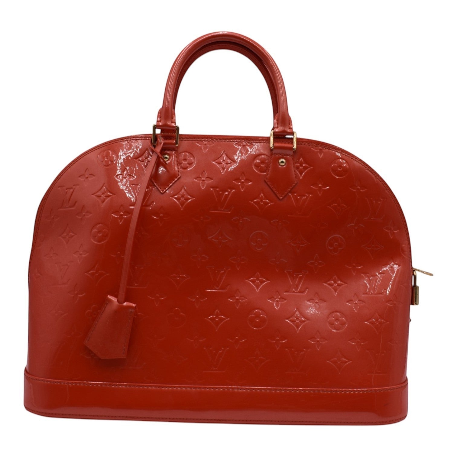 Soldi Louis Vuitton Alma GM Vernis red patent leather handbag with embossed monogram pattern and gold hardware.