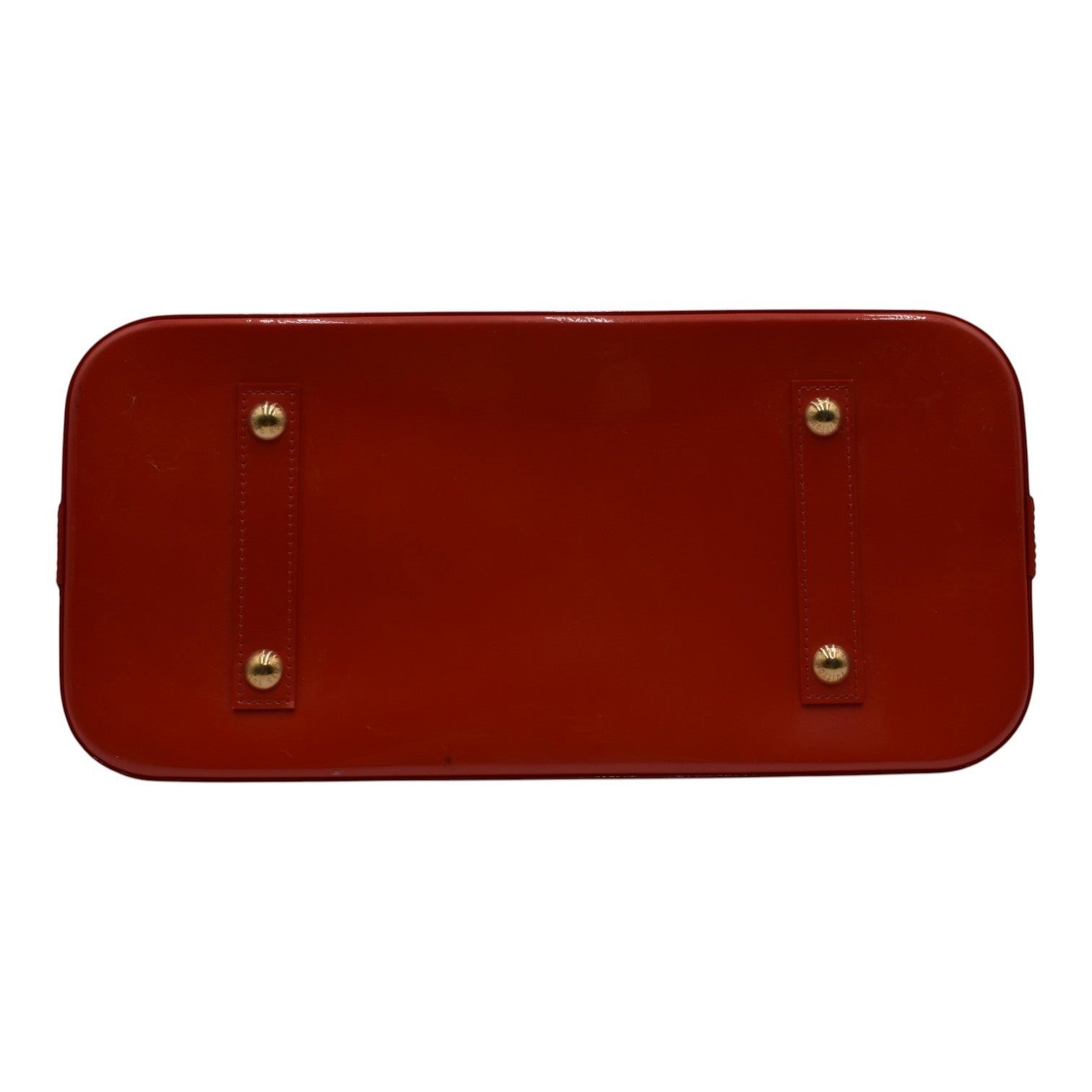 Soldi Louis Vuitton Alma GM Vernis red patent leather handbag base with gold-tone protective feet.