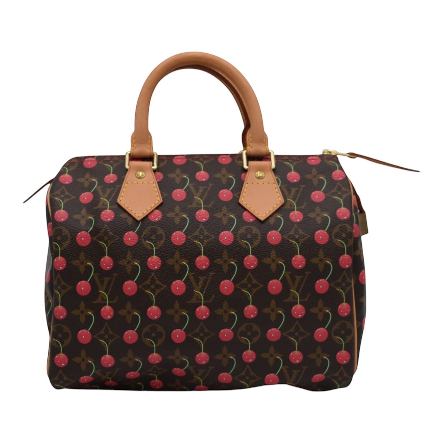 Soldi Louis Vuitton Cherry Speedy monogram canvas handbag with tan leather trim and handles.