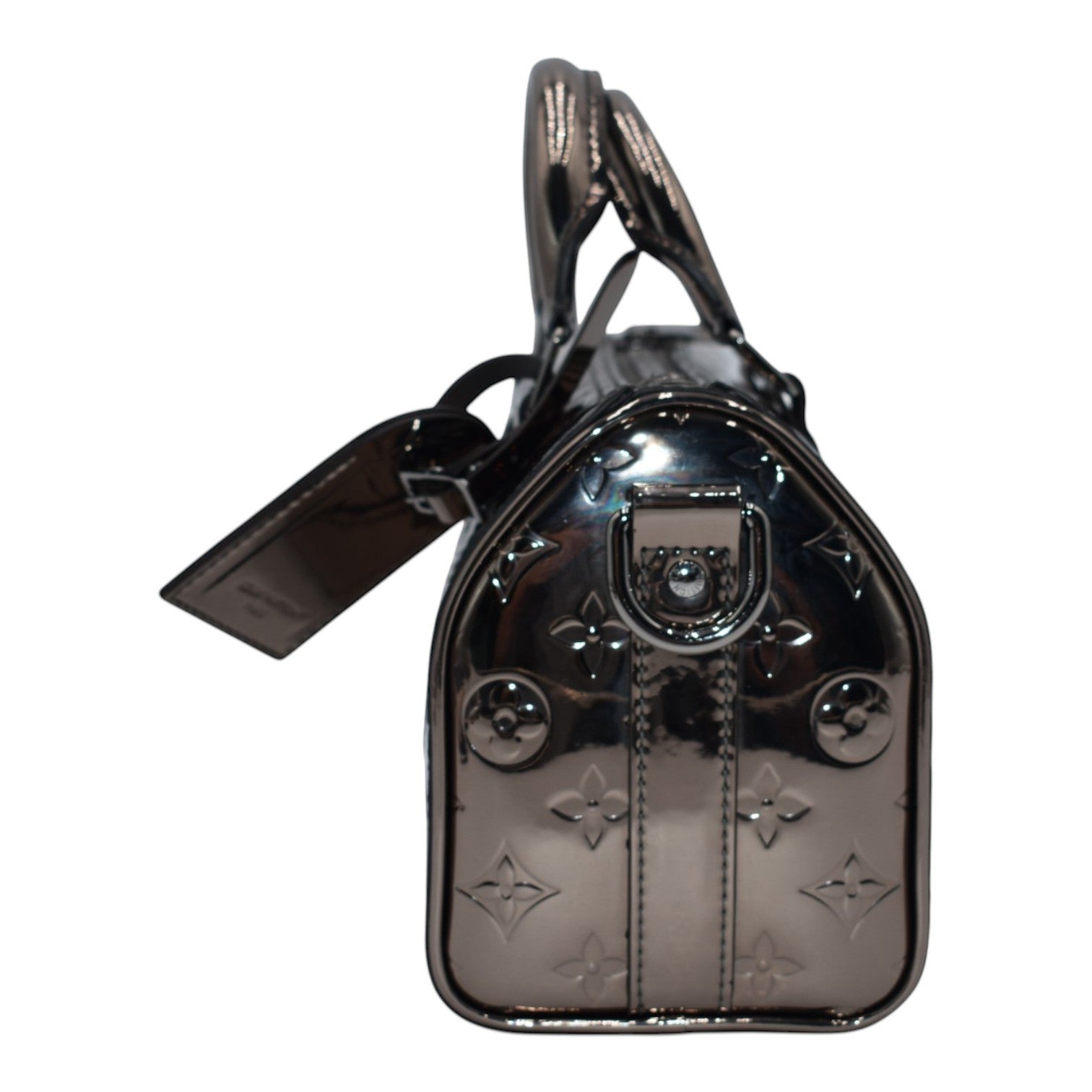 Soldi Louis Vuitton Metallic Silver Speedy bag with embossed monogram pattern and leather tag.