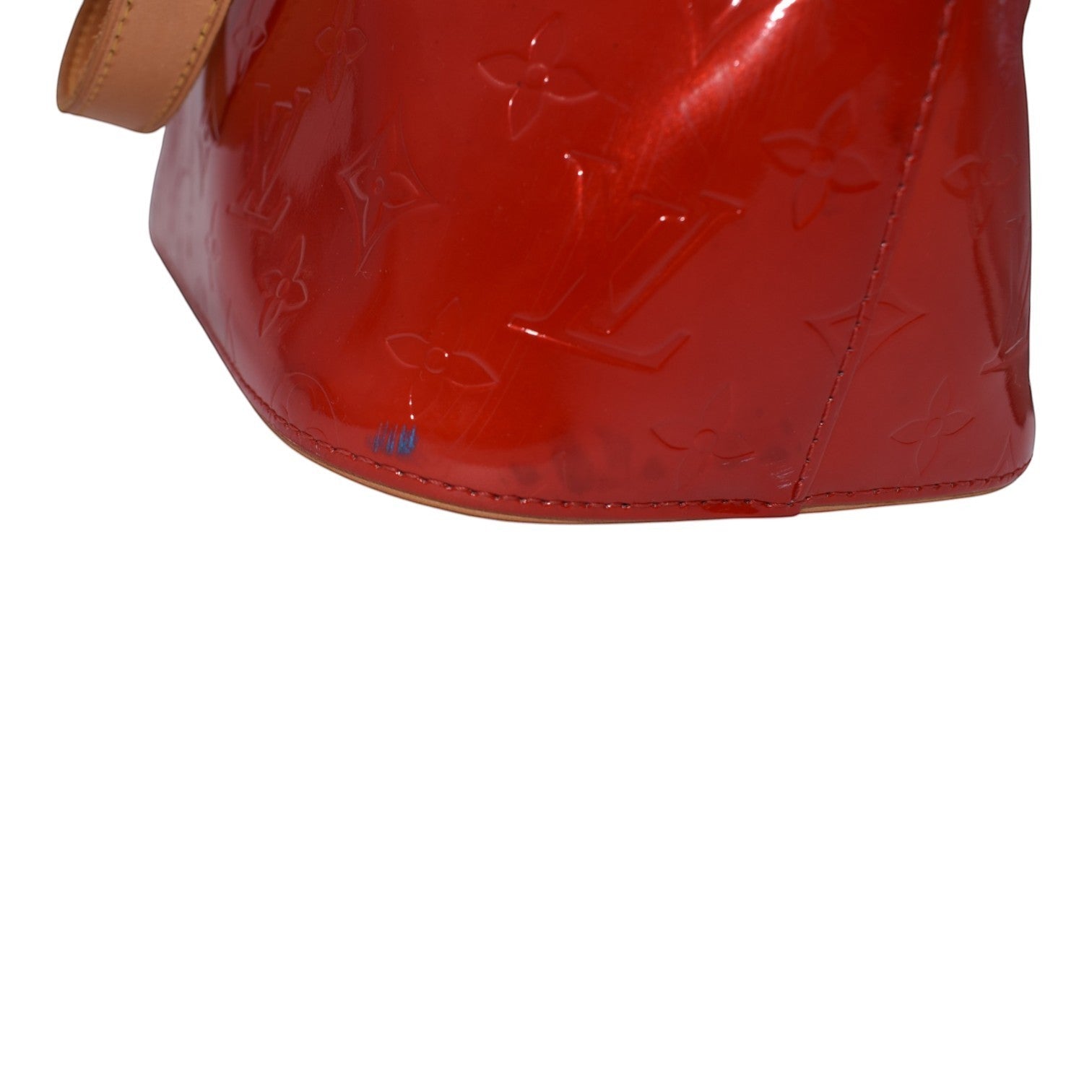 Soldi Louis Vuitton red Vernis Houston tote bag with tan leather strap and embossed monogram pattern.