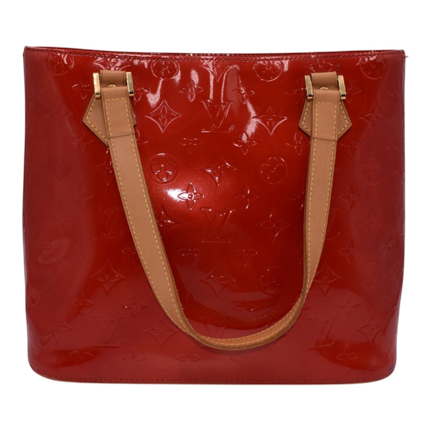 Soldi Louis Vuitton red Vernis Houston tote bag with tan leather straps and embossed monogram pattern.