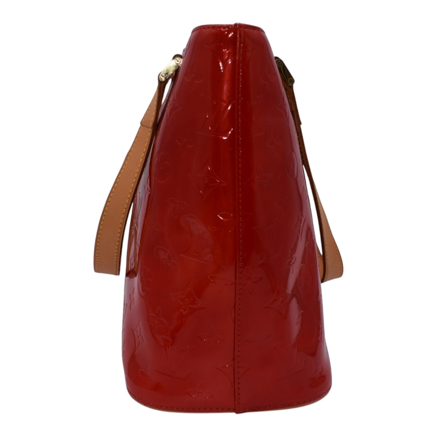 Soldi Louis Vuitton Red Vernis Houston Tote Bag with tan leather straps and embossed monogram pattern.