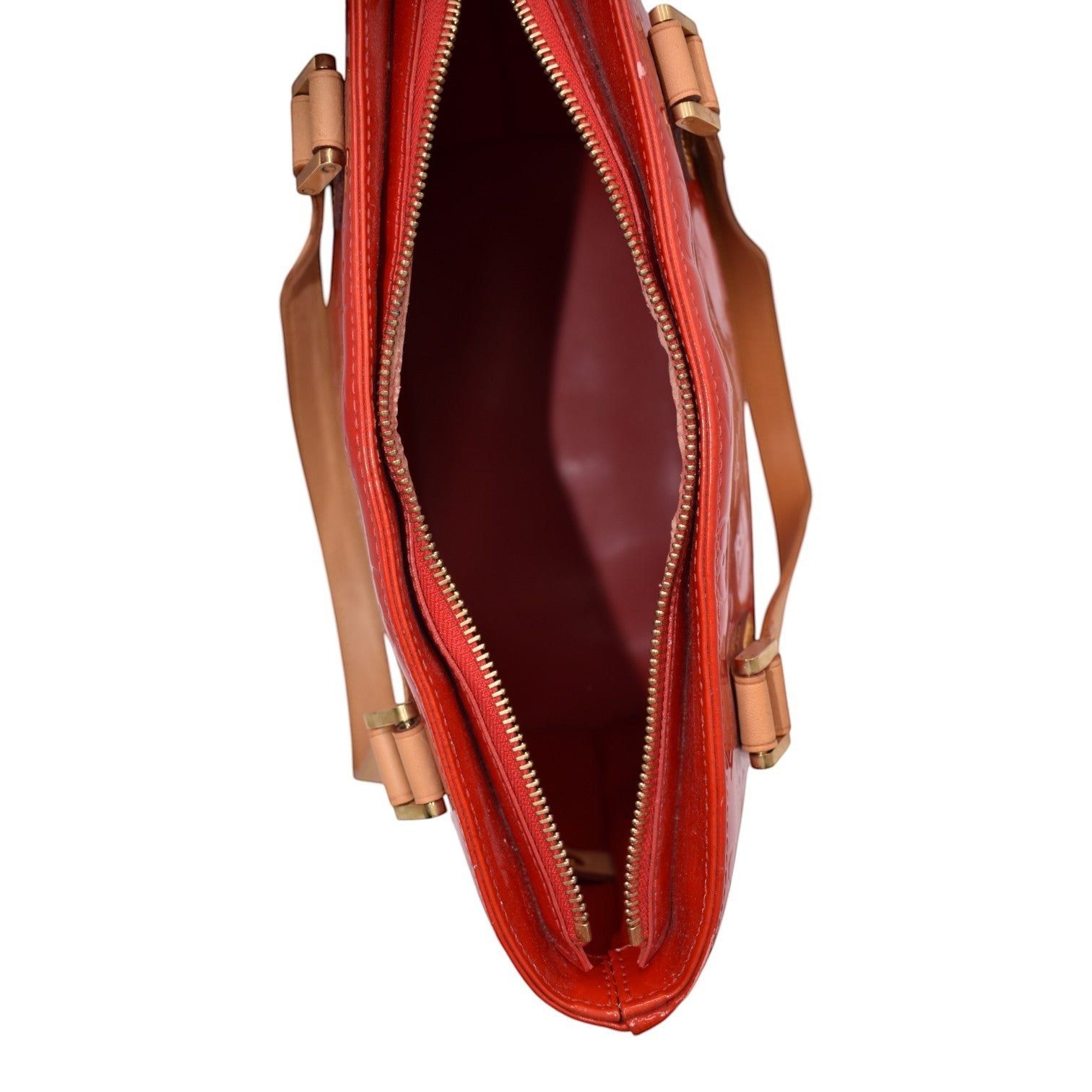 Soldi Louis Vuitton Red Vernis Houston Tote Bag with tan leather straps and gold hardware. Patent leather.