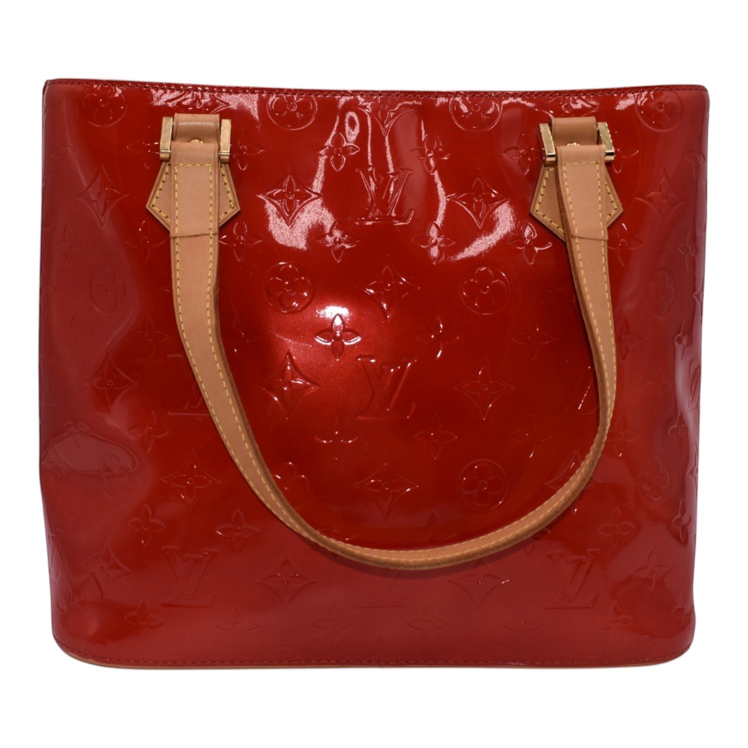 Soldi Louis Vuitton Red Vernis Houston Tote Bag with tan leather straps and gold hardware. Patent leather.