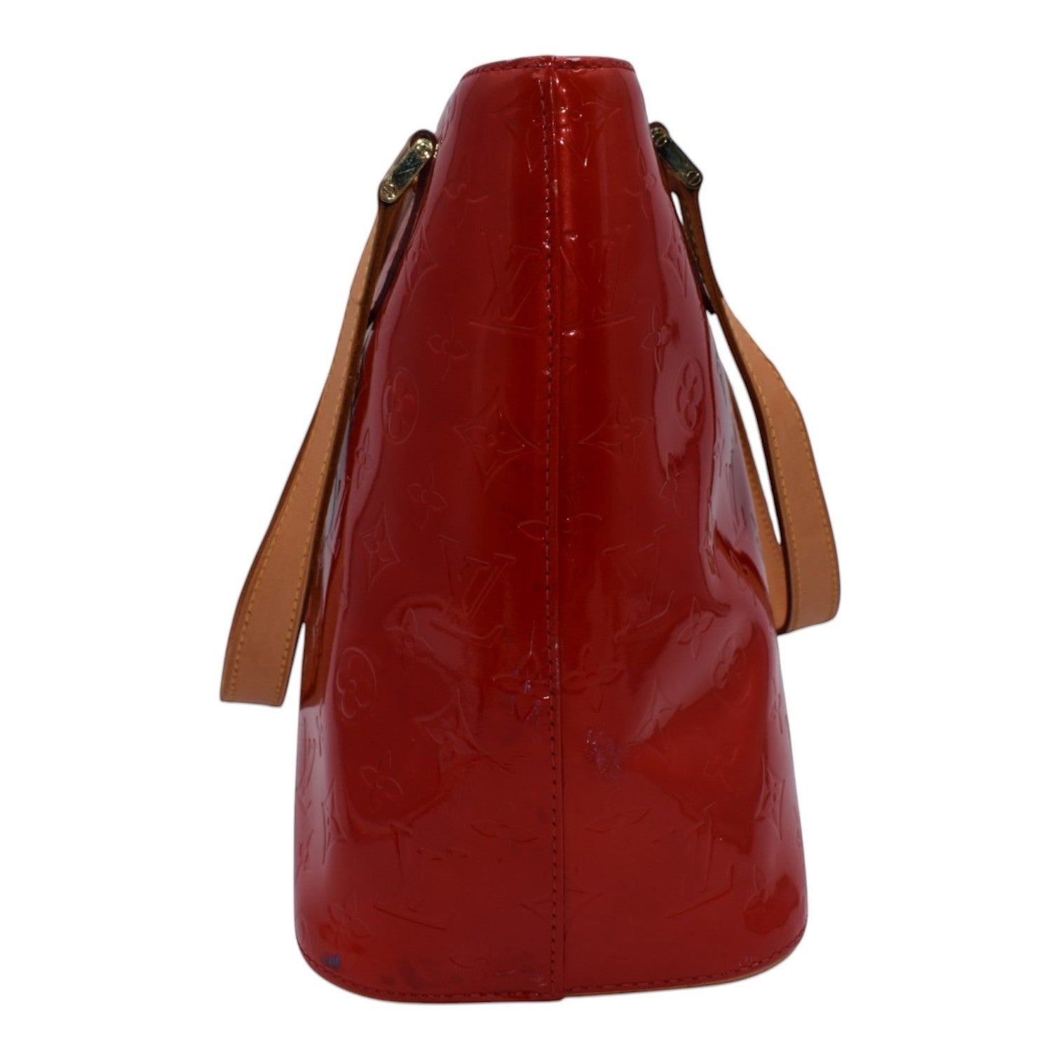 Soldi Louis Vuitton Red Vernis Houston Tote Bag with embossed monogram pattern and tan leather straps.
