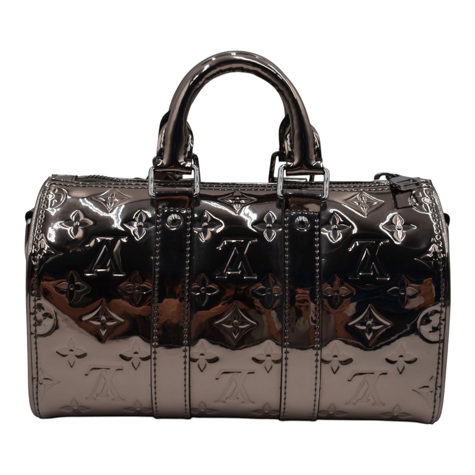 Soldi Louis Vuitton Metallic Silver Speedy handbag with embossed monogram pattern and top handles.