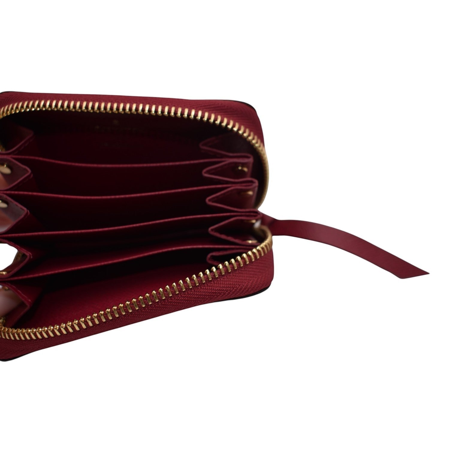 Soldi Monogram Fuchsia Multicartes card holder with gold zipper and multiple card slots.