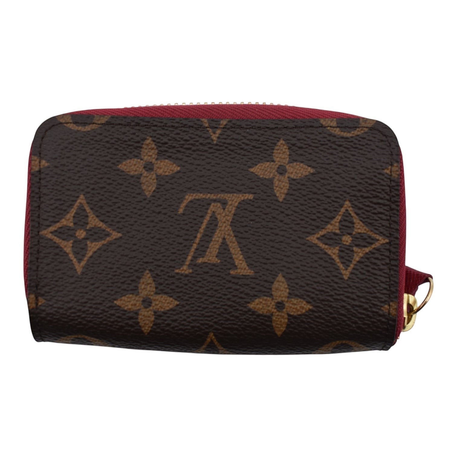 Soldi Monogram Fuchsia Multicartes wallet with gold hardware and zipper closure.