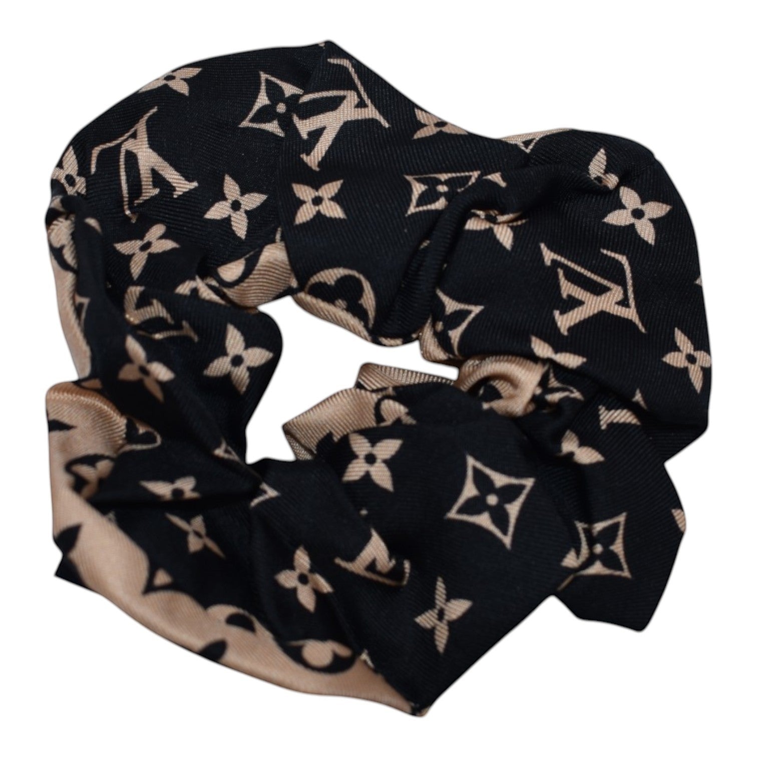 Soldi black and tan monogram print scrunchie with satin trim