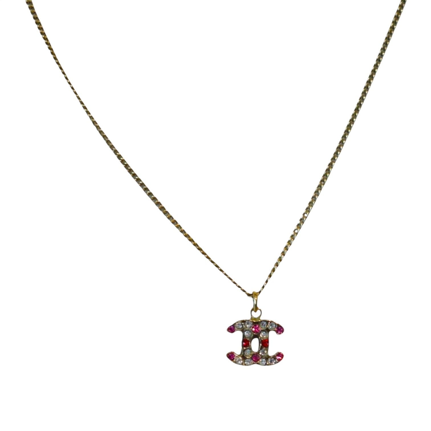 Soldi multicolor pendant necklace with interlocking CC logo embellished with pink and clear crystals on a thin gold chain.