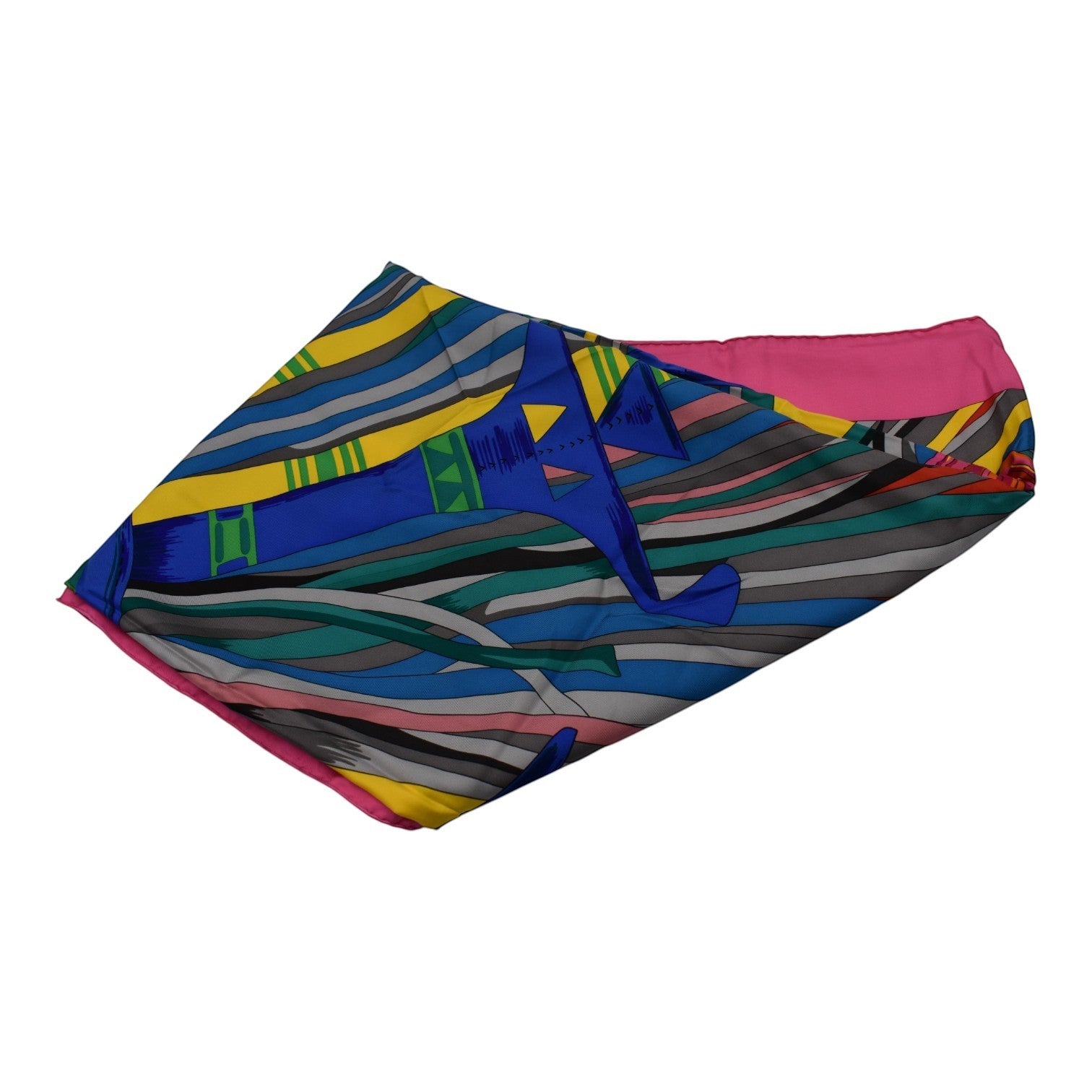Soldi multicolor silk wrap with abstract wave pattern and geometric accents. Features pink lining.
