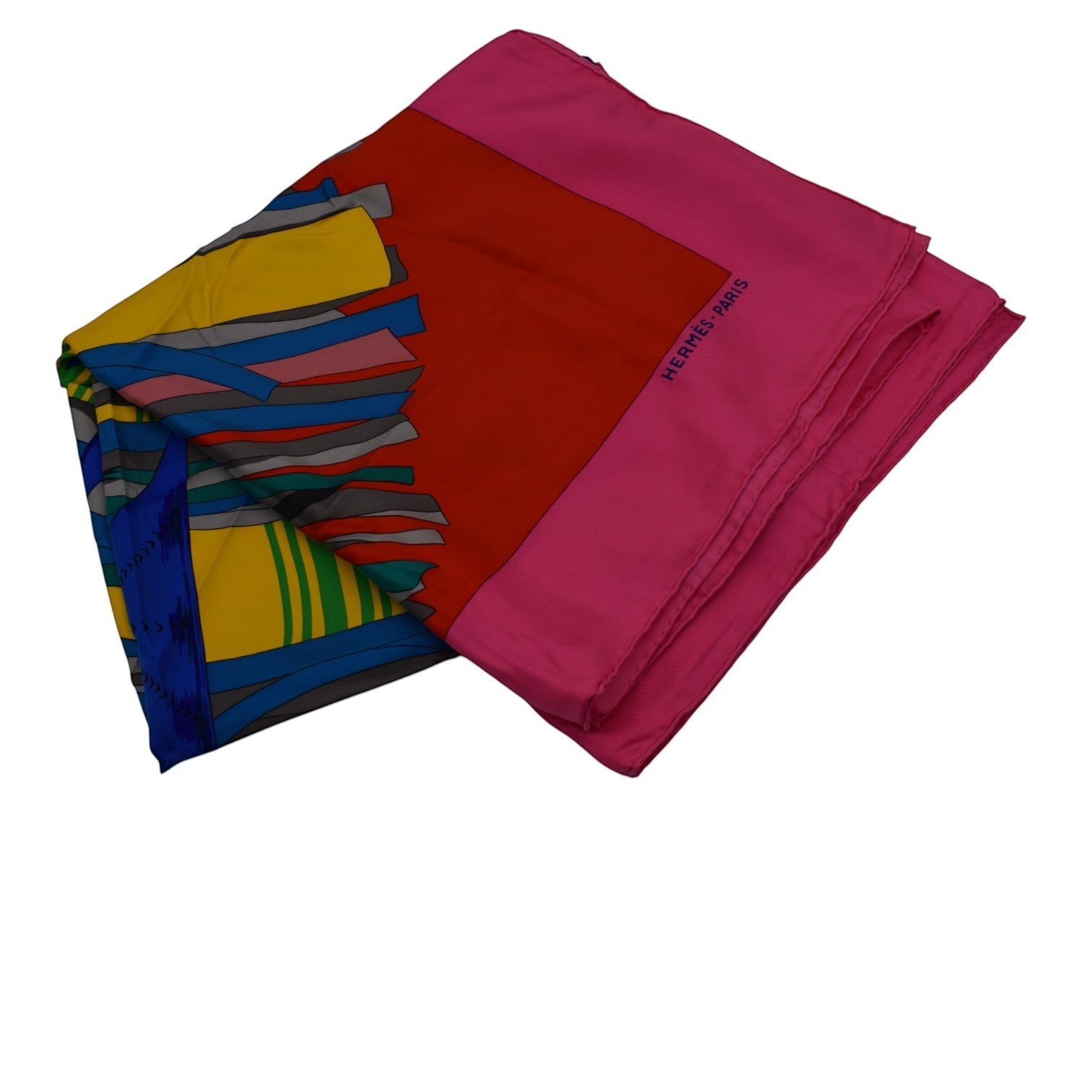 Soldi multicolor silk wrap scarf with geometric abstract pattern and pink border. Features "HERMÈS PARIS" text.