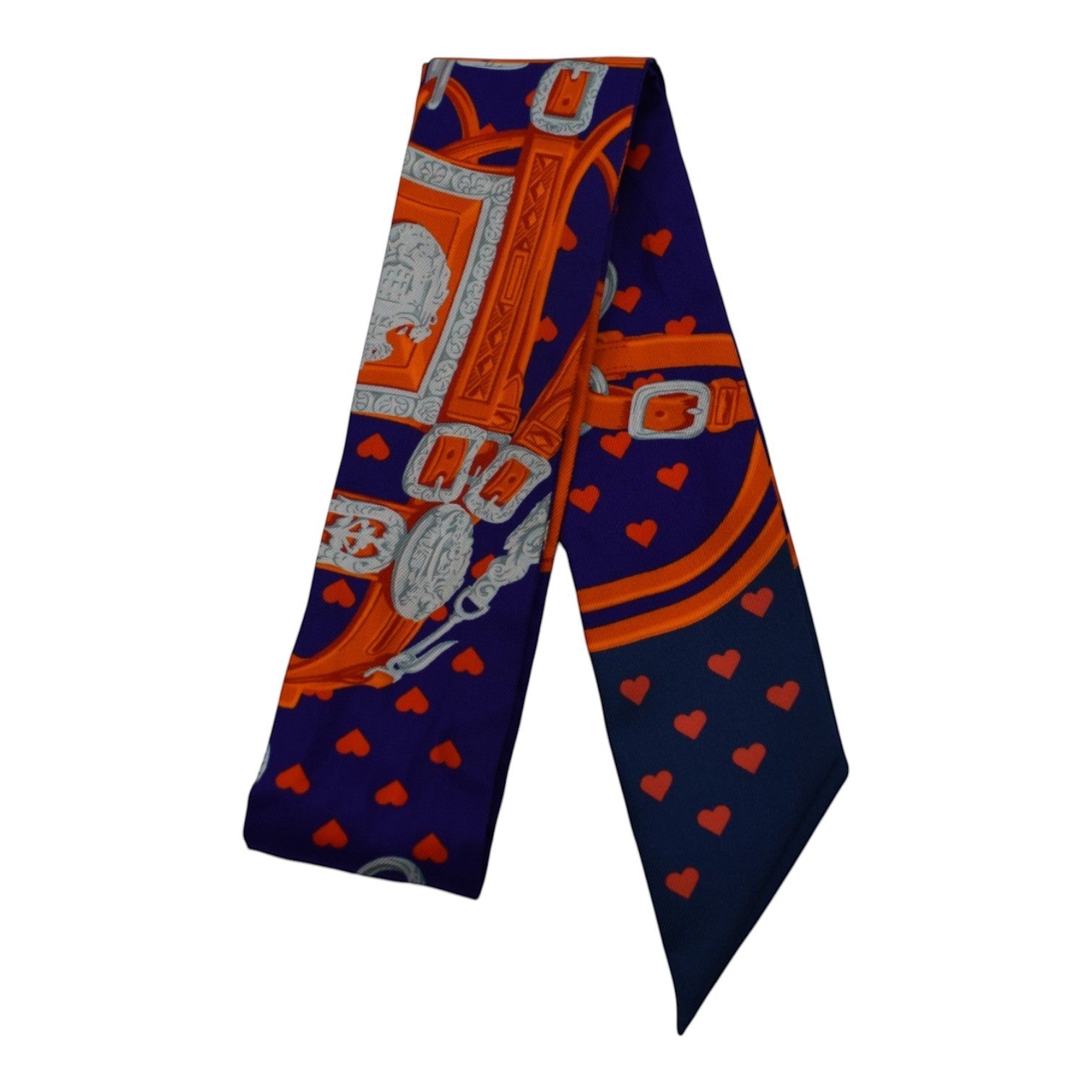 Soldi navy blue silk twilly scarf with red hearts and equestrian buckle print
