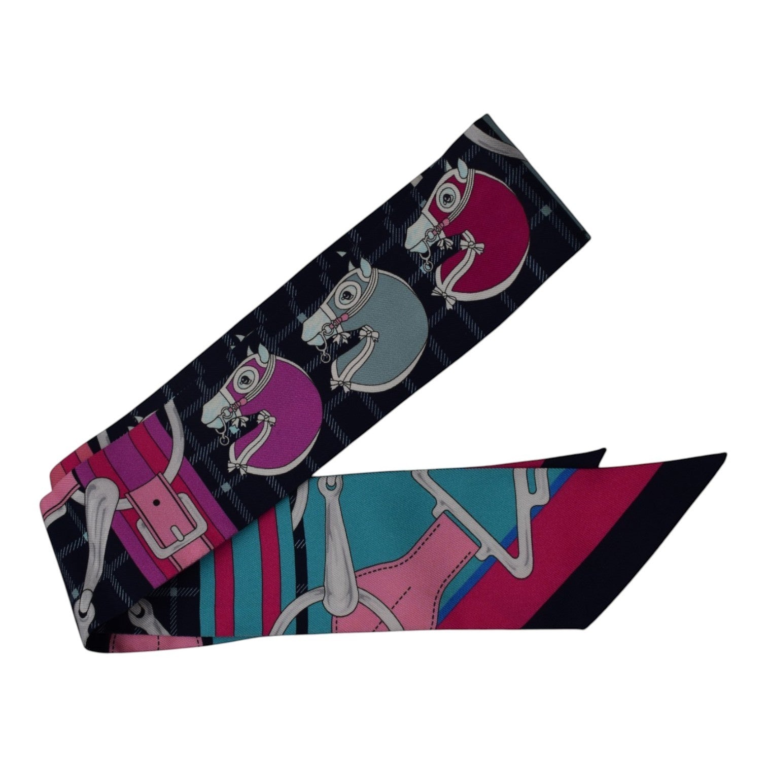Soldi navy purple pink twilly scarf with horse and equestrian print. Silk material.